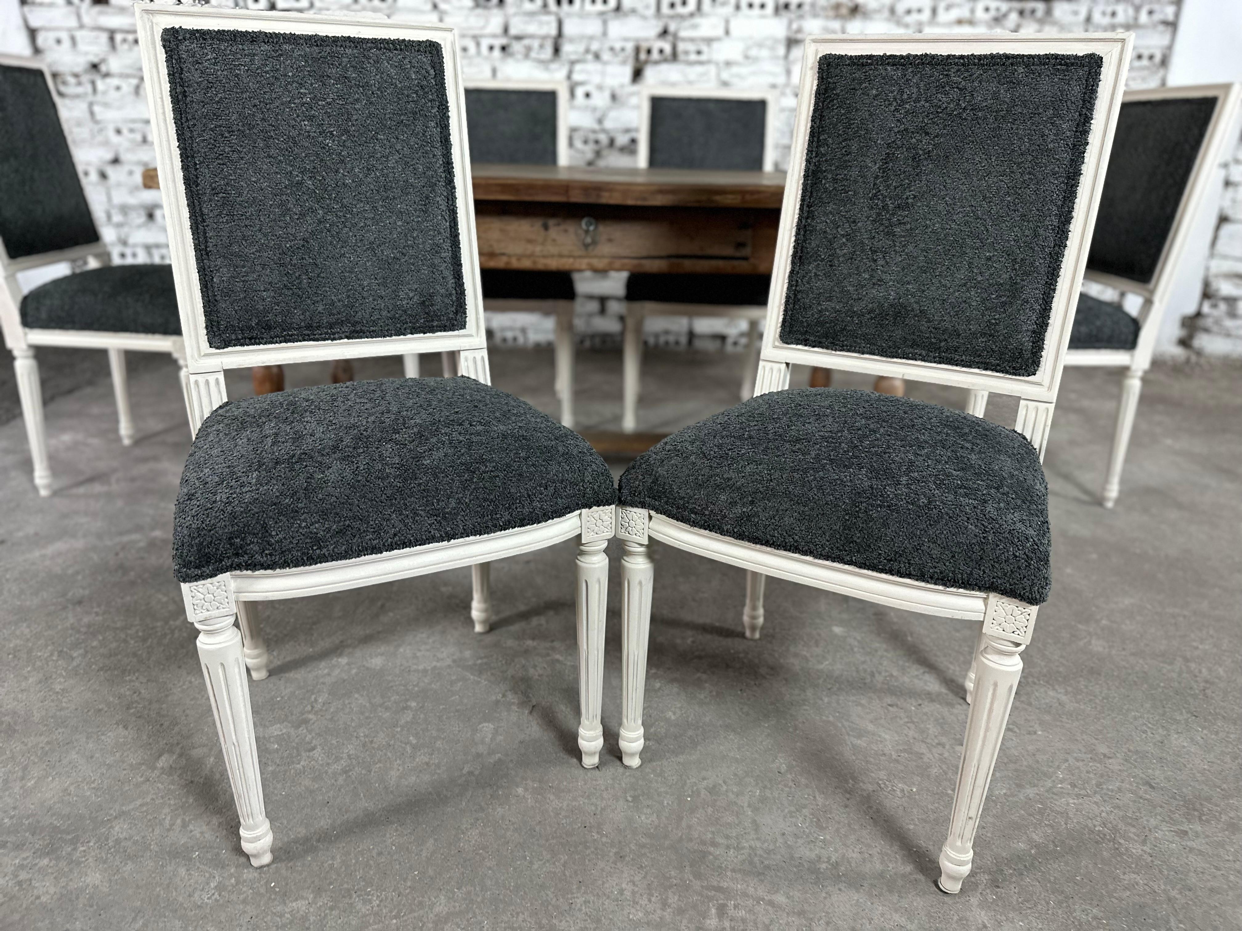 Renewed and Reupholstered French Louis XVI Square Back Dining Chairs - Set of 6 7