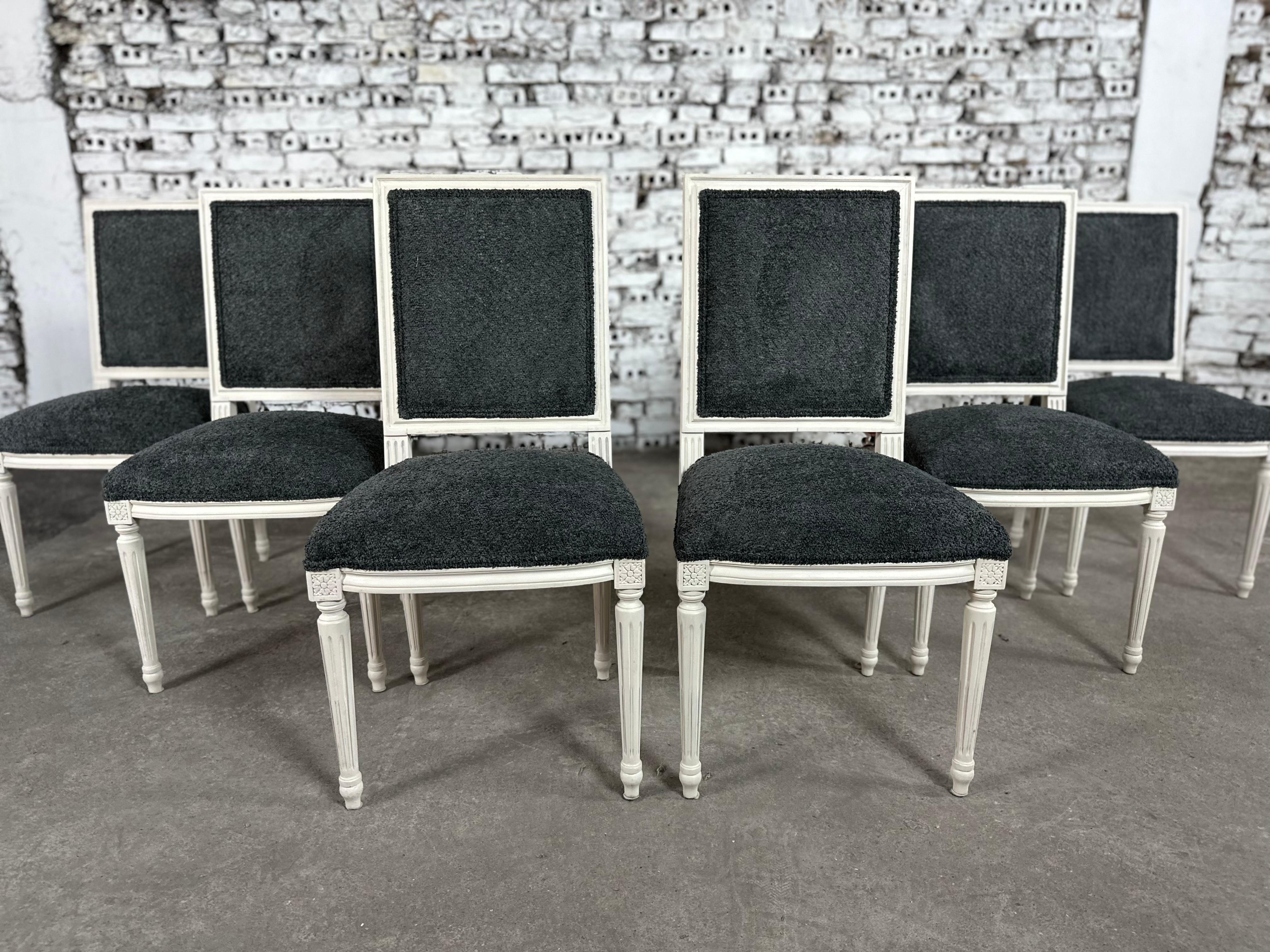 20th Century Renewed and Reupholstered French Louis XVI Square Back Dining Chairs - Set of 6