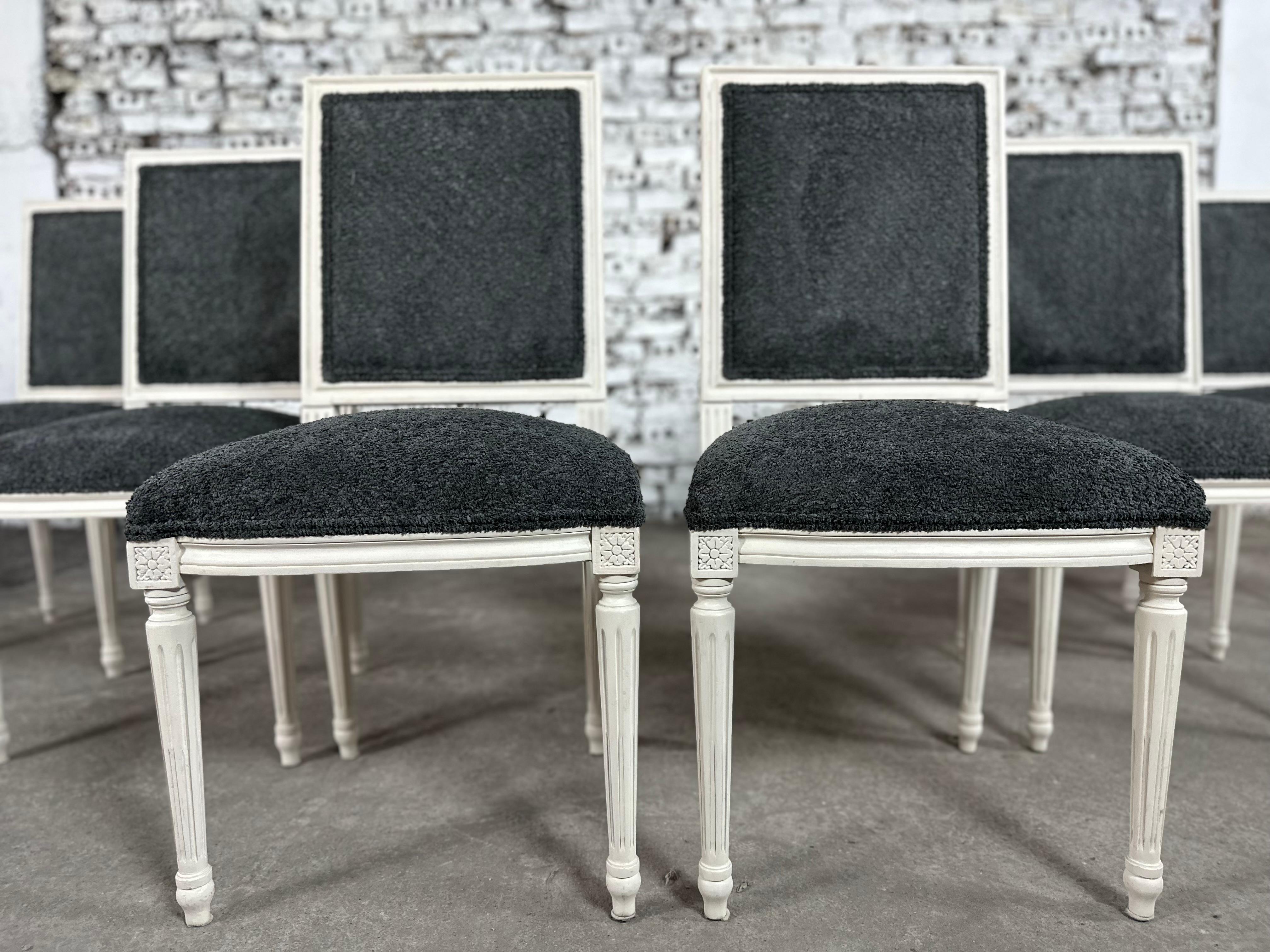 Upholstery Renewed and Reupholstered French Louis XVI Square Back Dining Chairs - Set of 6