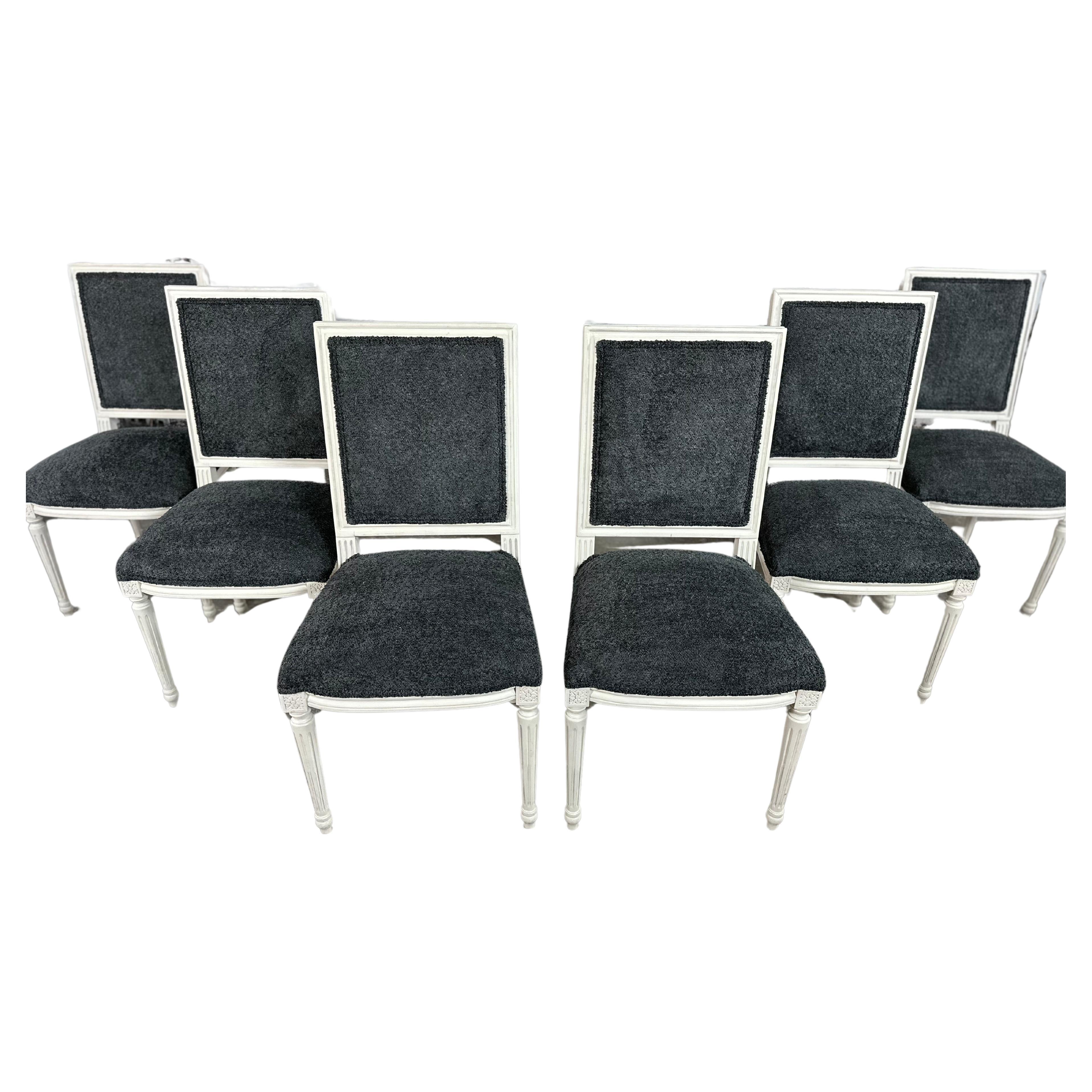 Renewed and Reupholstered French Louis XVI Square Back Dining Chairs - Set of 6