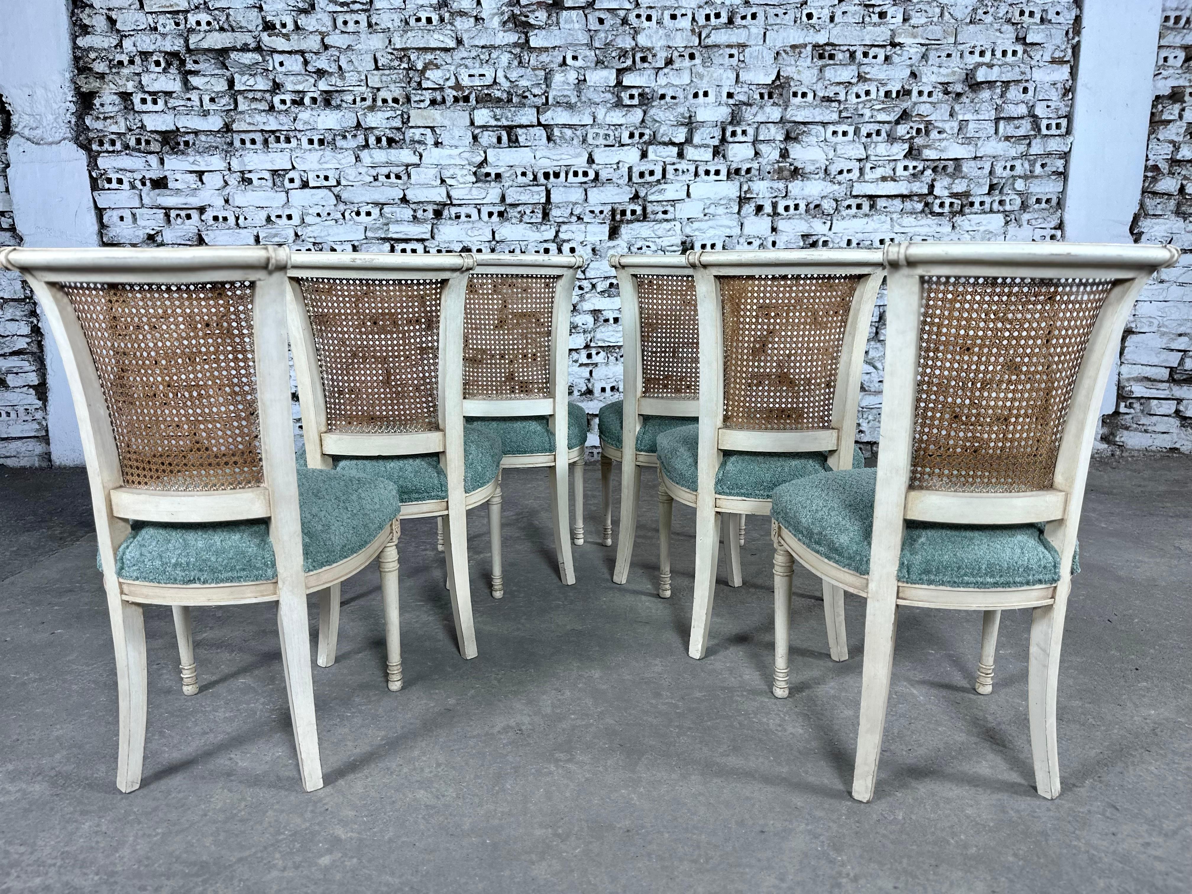 Chaises de salle à manger vintage à dossier canné renouvelées et tapissées à nouveau - Ensemble de 7 8