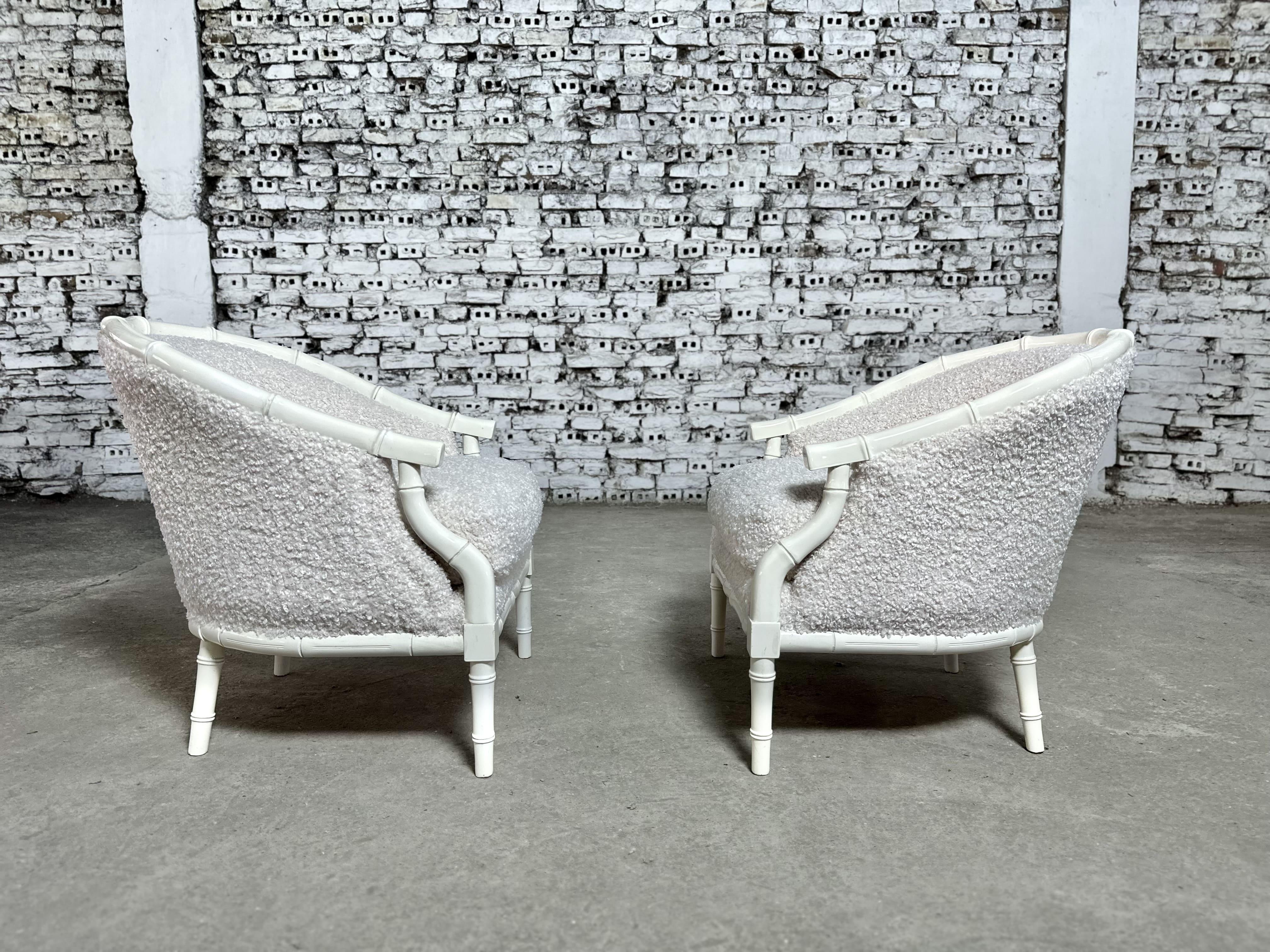 Renewed Boucle Reupholstered Hollywood Regency Faux Bamboo Club Chairs - a Pair 4