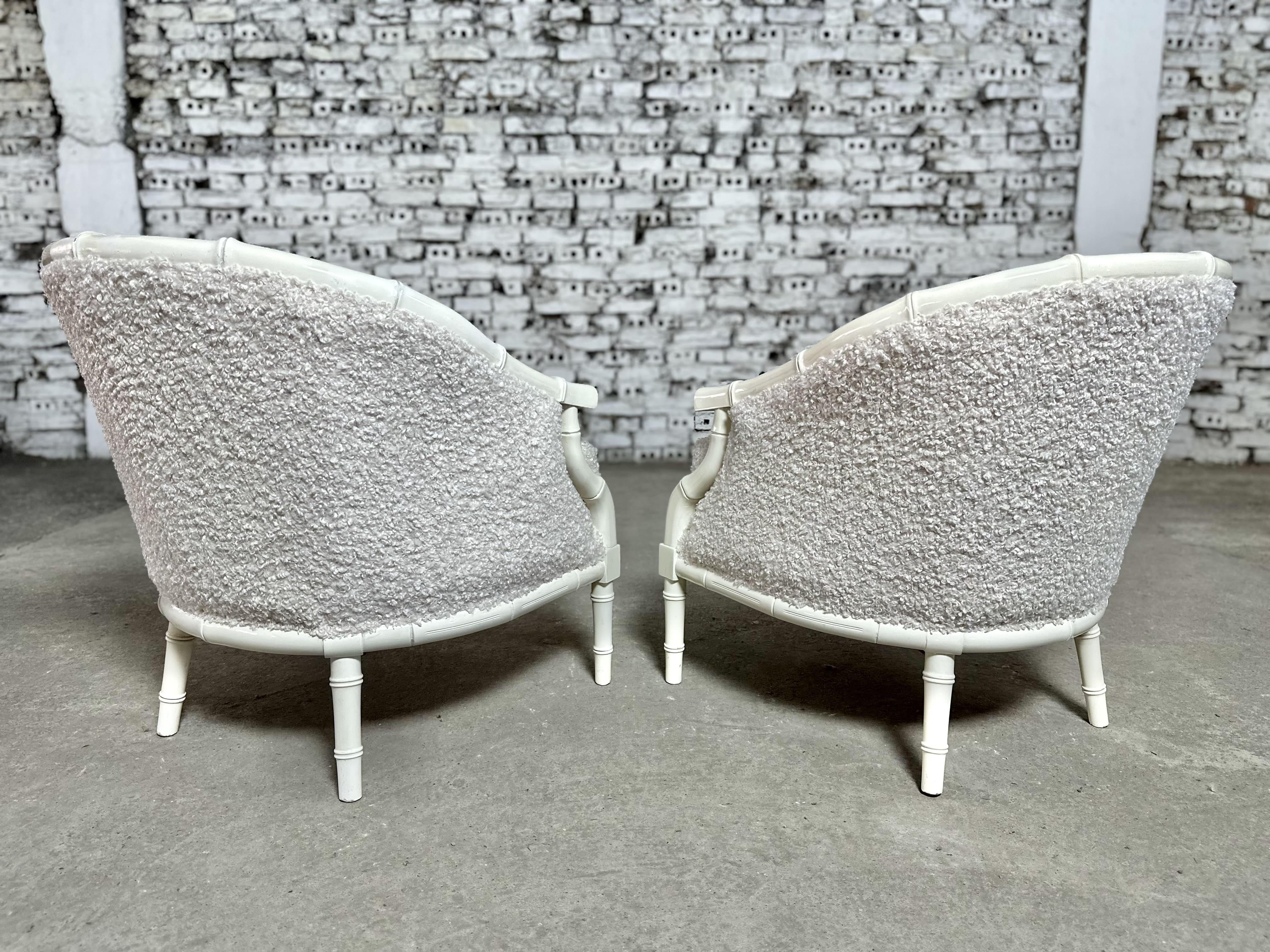 Renewed Boucle Reupholstered Hollywood Regency Faux Bamboo Club Chairs - a Pair 5