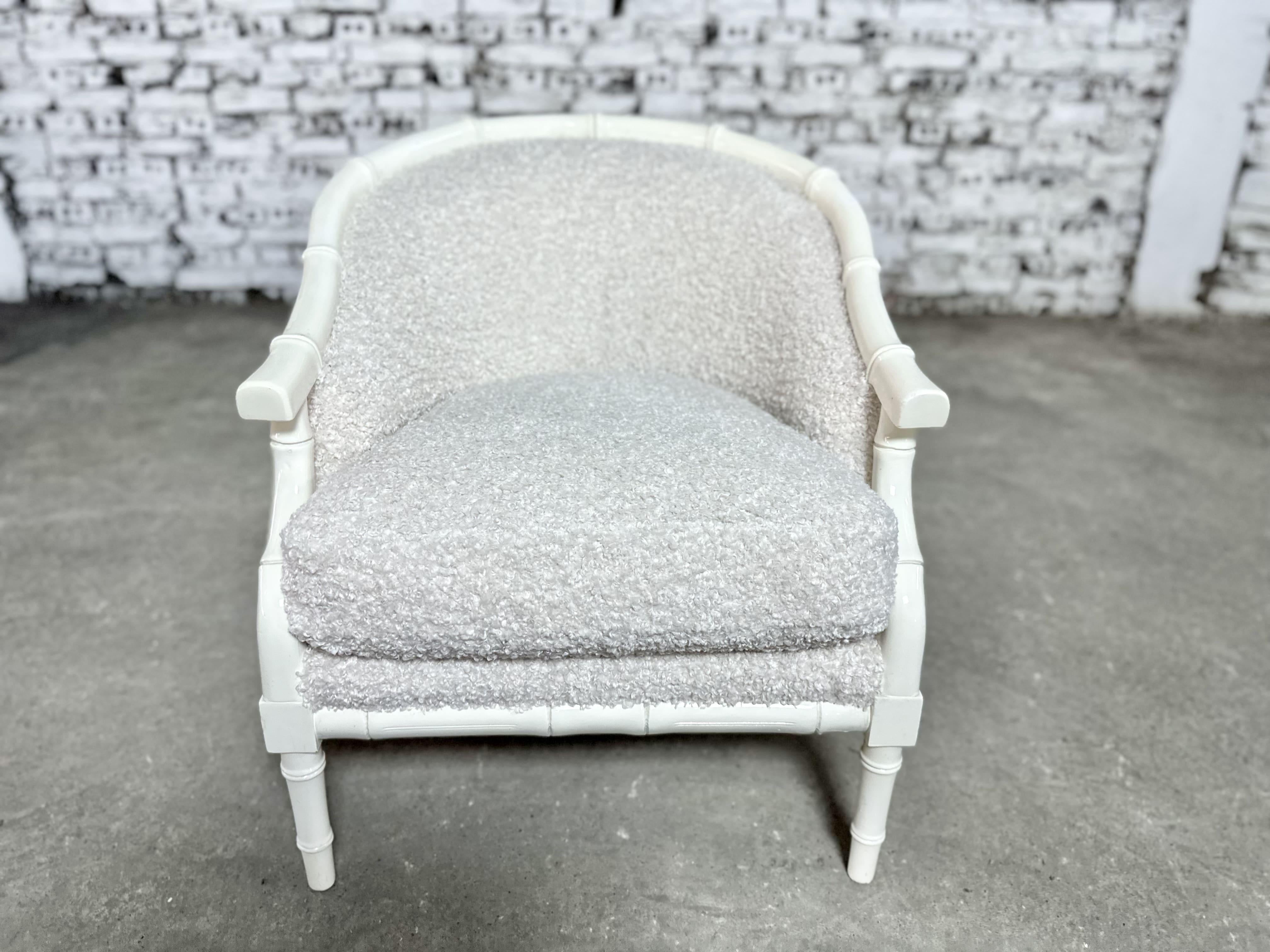 Renewed Boucle Reupholstered Hollywood Regency Faux Bamboo Club Chairs - a Pair In Good Condition In Bridgeport, CT