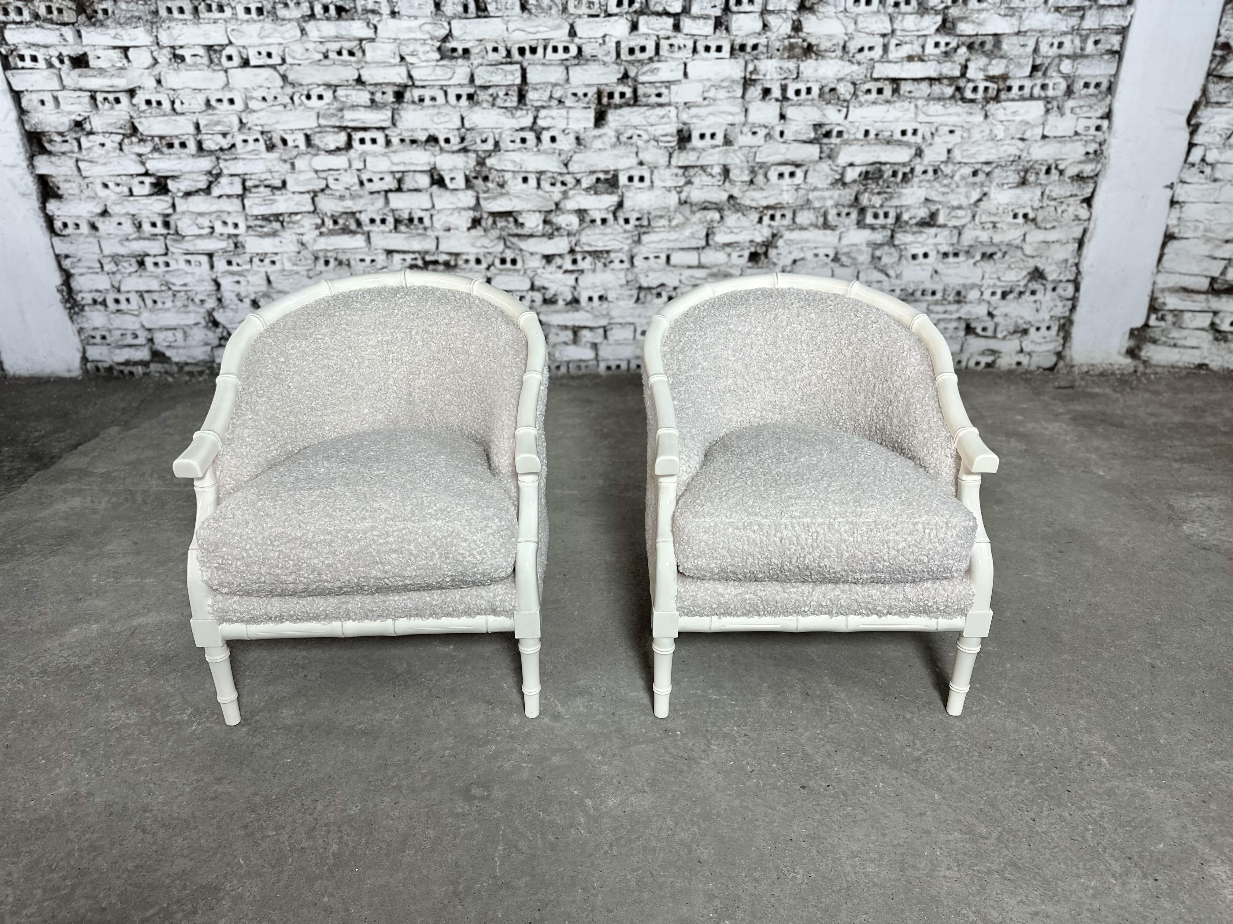 20th Century Renewed Boucle Reupholstered Hollywood Regency Faux Bamboo Club Chairs - a Pair