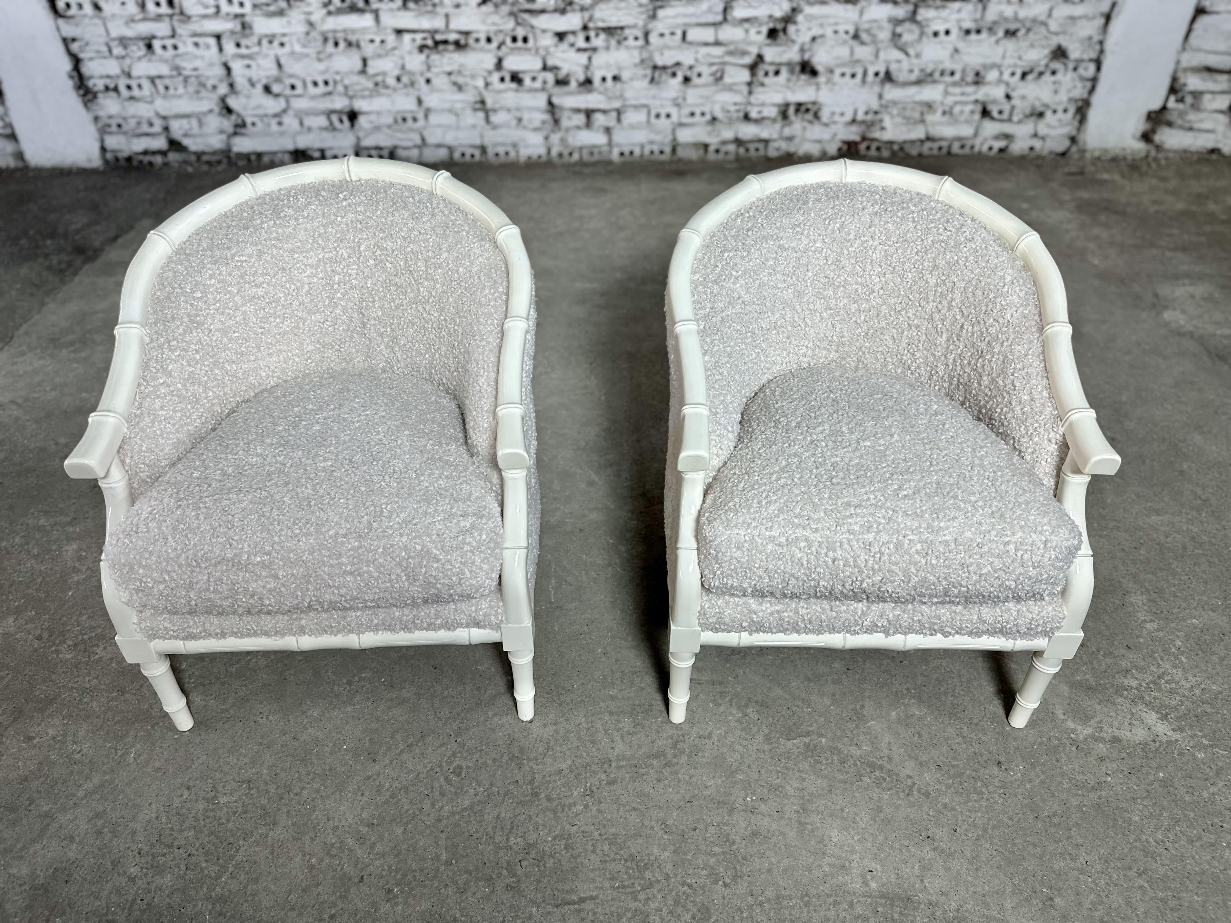 Bouclé Renewed Boucle Reupholstered Hollywood Regency Faux Bamboo Club Chairs - a Pair