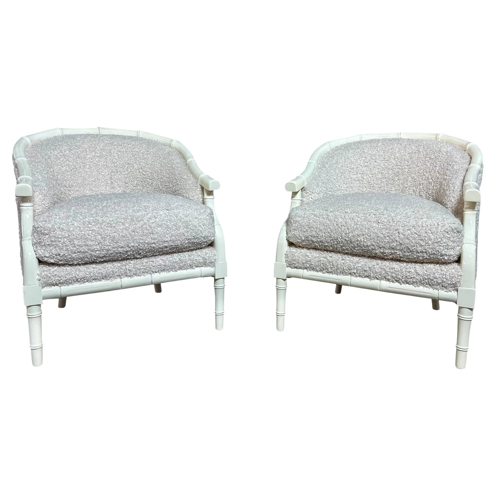 Renewed Boucle Reupholstered Hollywood Regency Faux Bamboo Club Chairs - a Pair
