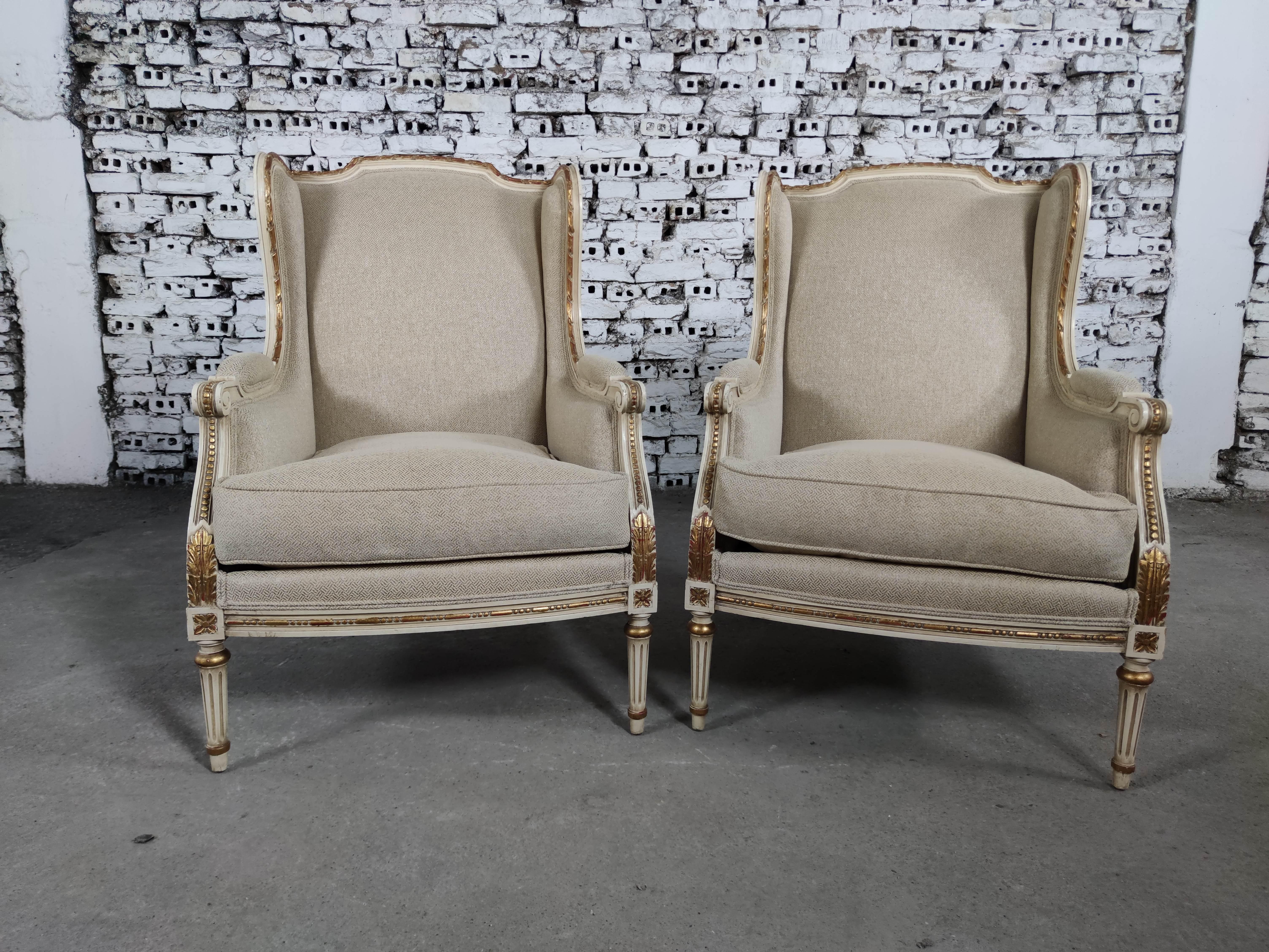 Renewed French Louis XVI Style Wingback Lounge Armchairs Fauteuils - a Pair In Good Condition In Bridgeport, CT