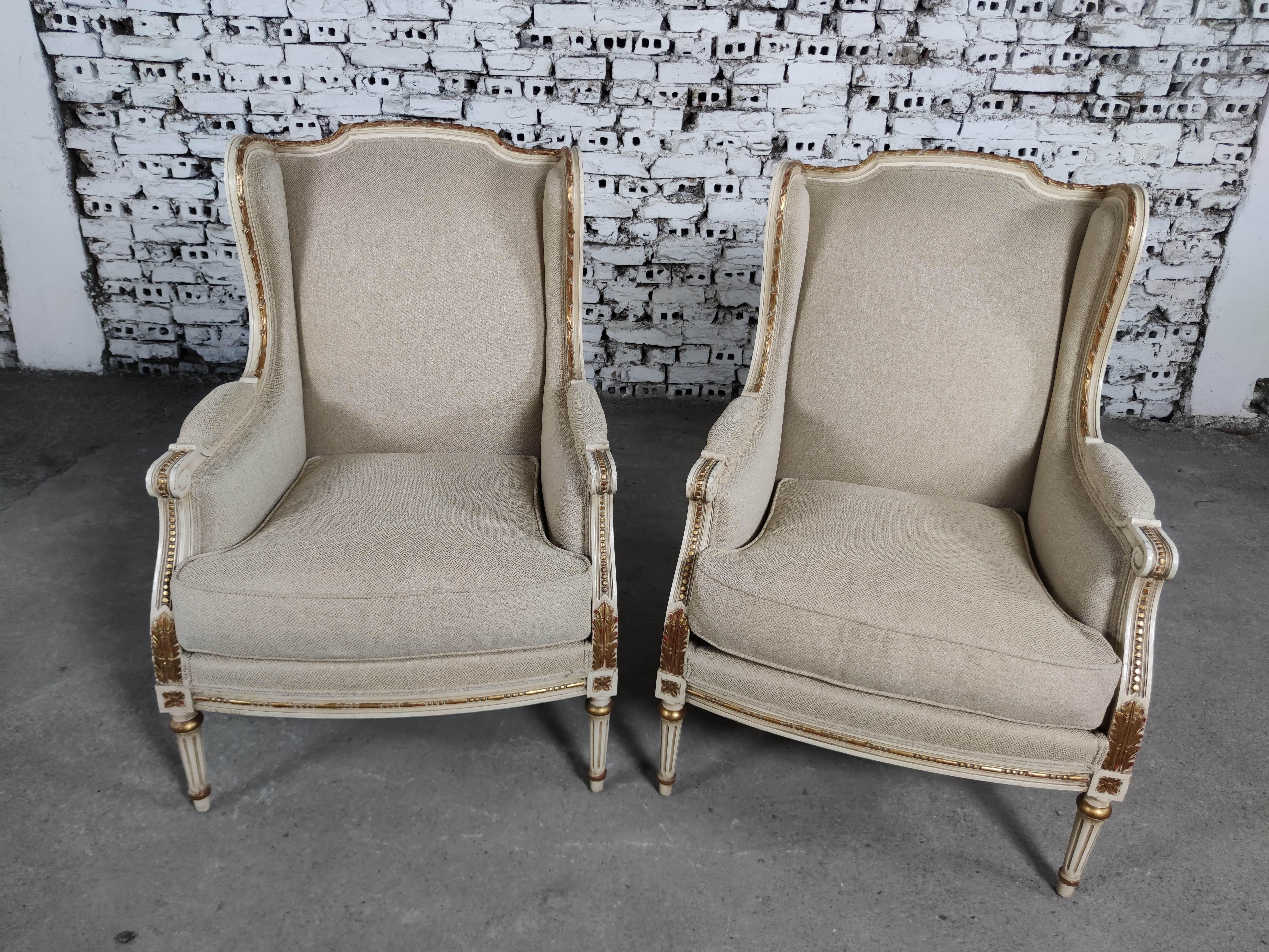 20th Century Renewed French Louis XVI Style Wingback Lounge Armchairs Fauteuils - a Pair
