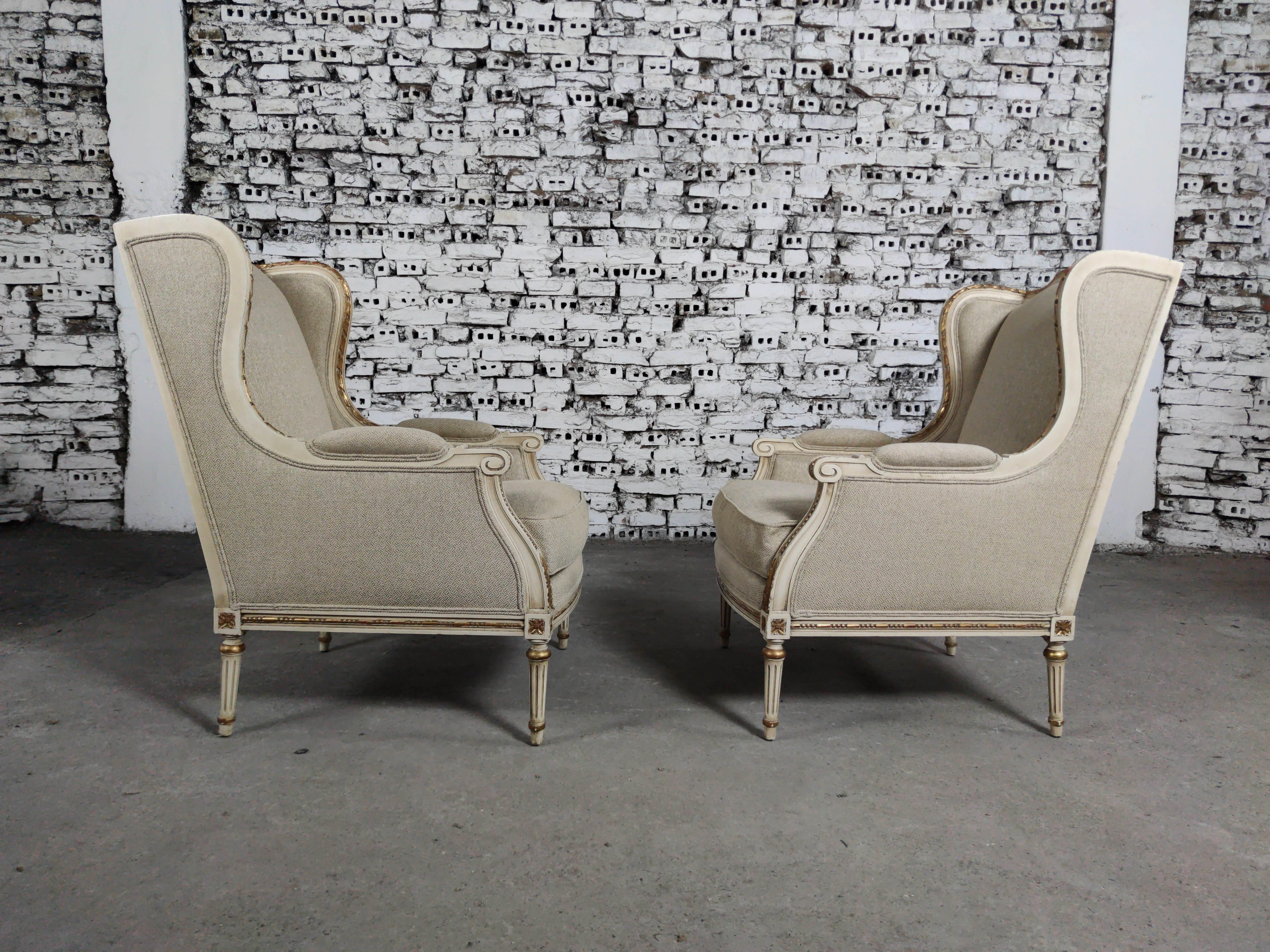 Renewed French Louis XVI Style Wingback Lounge Armchairs Fauteuils - a Pair 3