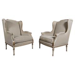 Renewed French Louis XVI Style Wingback Lounge Armchairs Fauteuils - a Pair