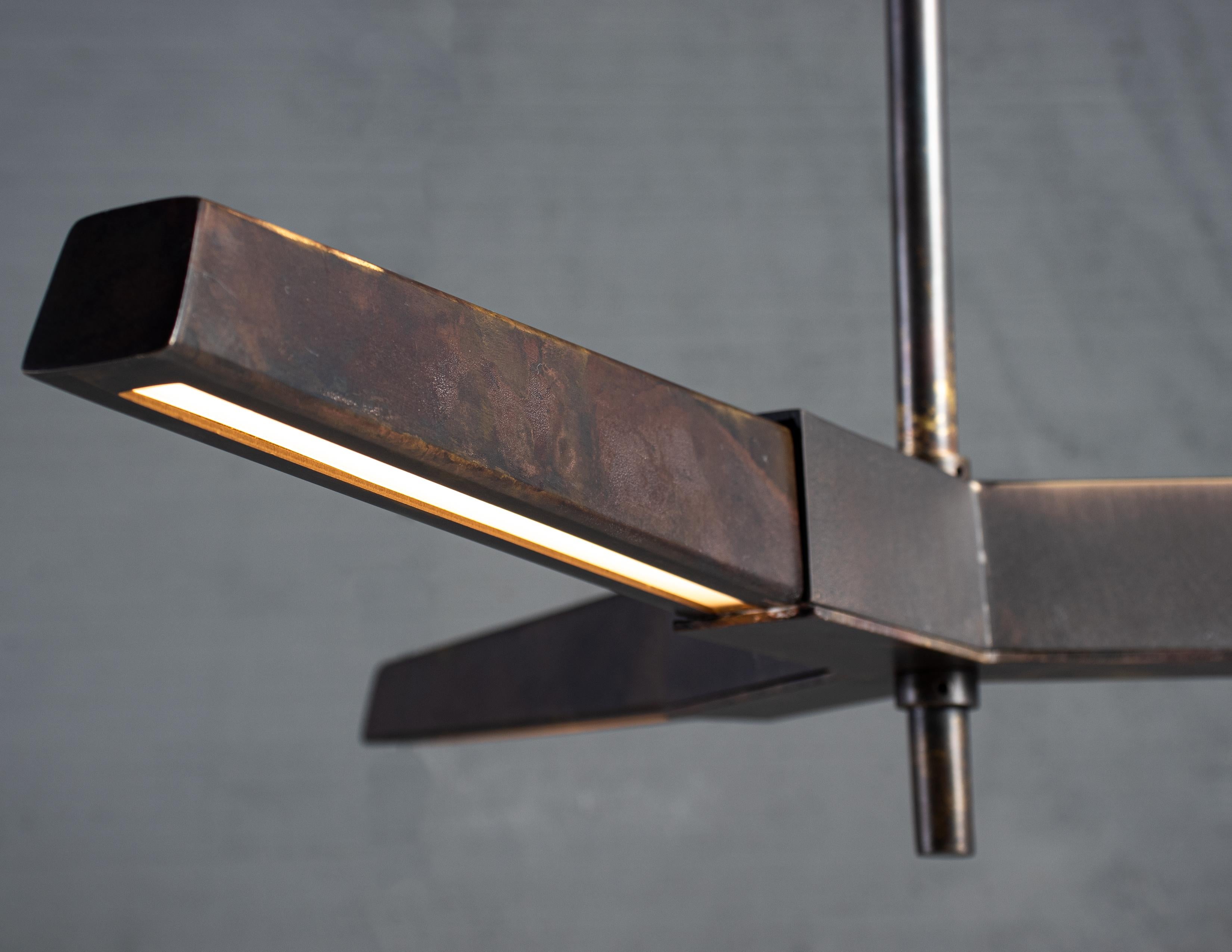 Hand-Crafted RENG, Buki I, Forged Steel, Rustic Modern Brass and Steel Suspension Light