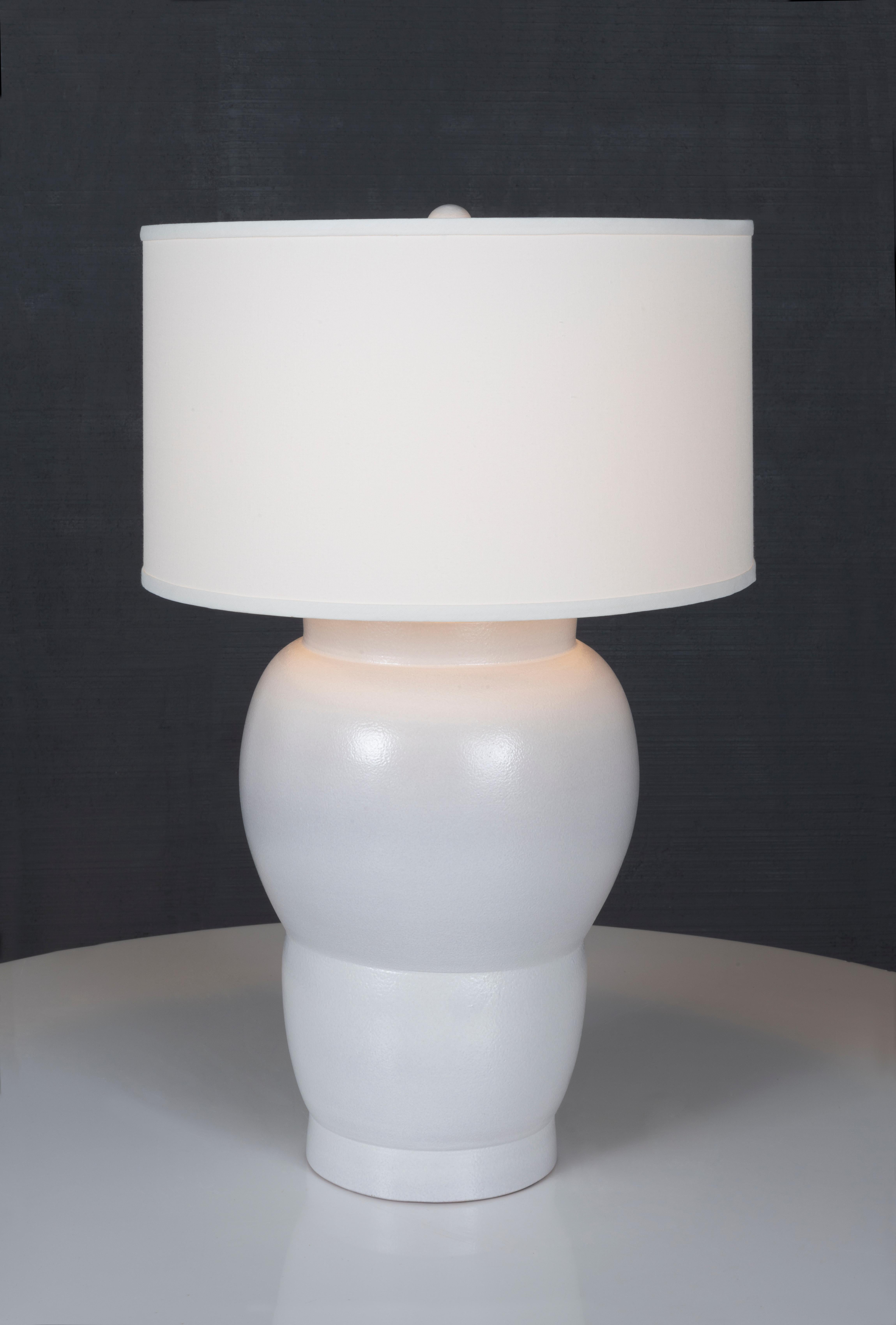 The Togé, Glazed Terracotta double gourd table lamp with Off-White Linen Shade. Cast and hand-molded terracotta from our factory in San Gersole Italy. Working as the second-generation in our Bassano factory, brothers Lorenzo and Franco supervise a
