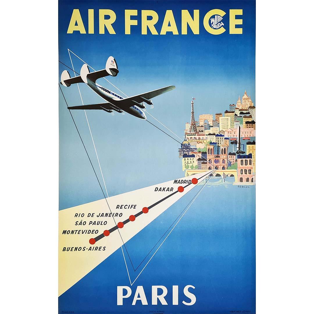 1953 Cartel original de la compañía aérea Air France diseñado por Renluc en venta 1
