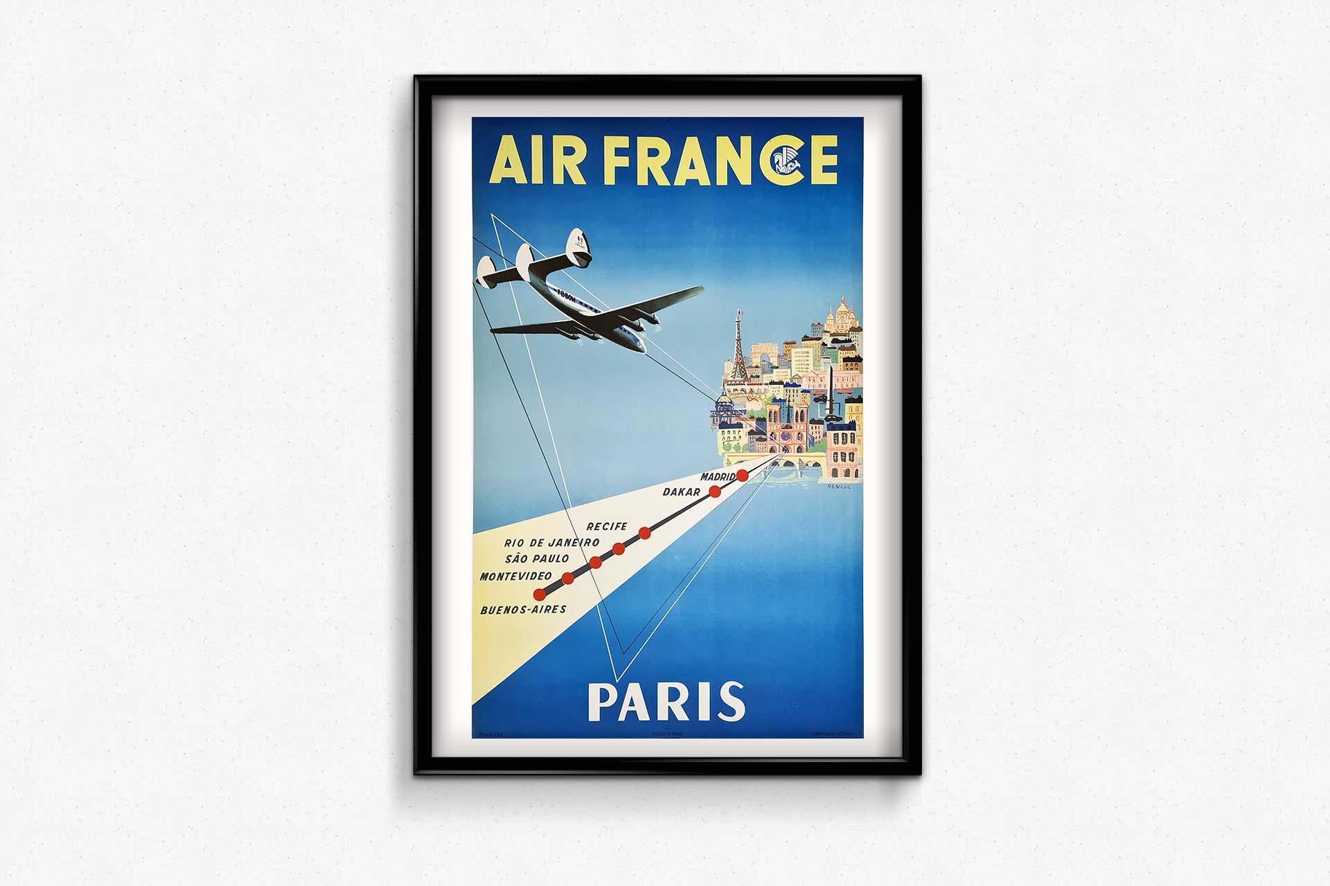 1953 Cartel original de la compañía aérea Air France diseñado por Renluc en venta 3
