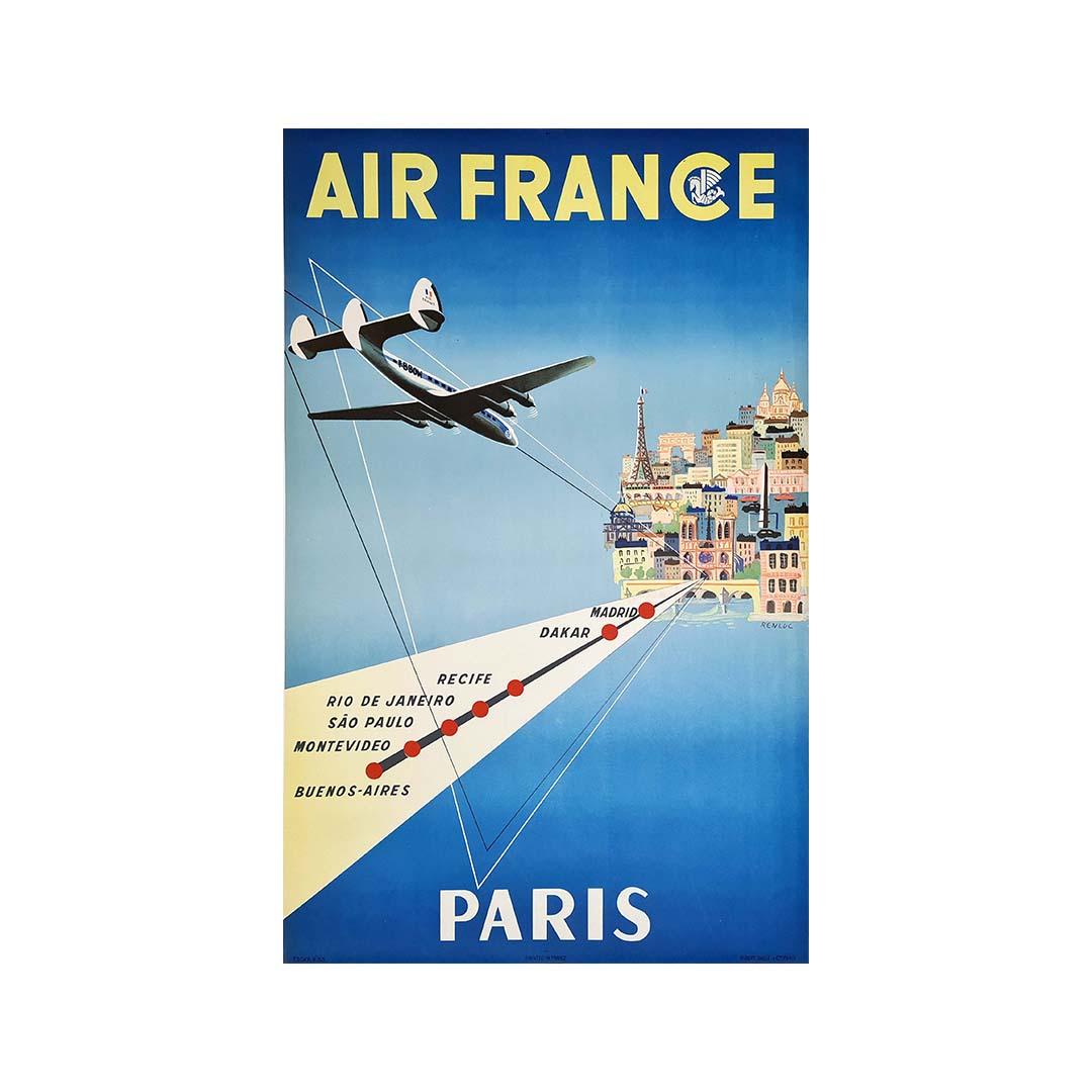 Cartel original de la compañía aérea Air France, diseñado por Renluc en 1953 para promocionar el enlace entre París y Buenos Aires.

Aerolínea - Aviación - Turismo

Madrid - Dakar - Recife - Río de Janeiro - Sao Paulo - Montevideo - Buenos
