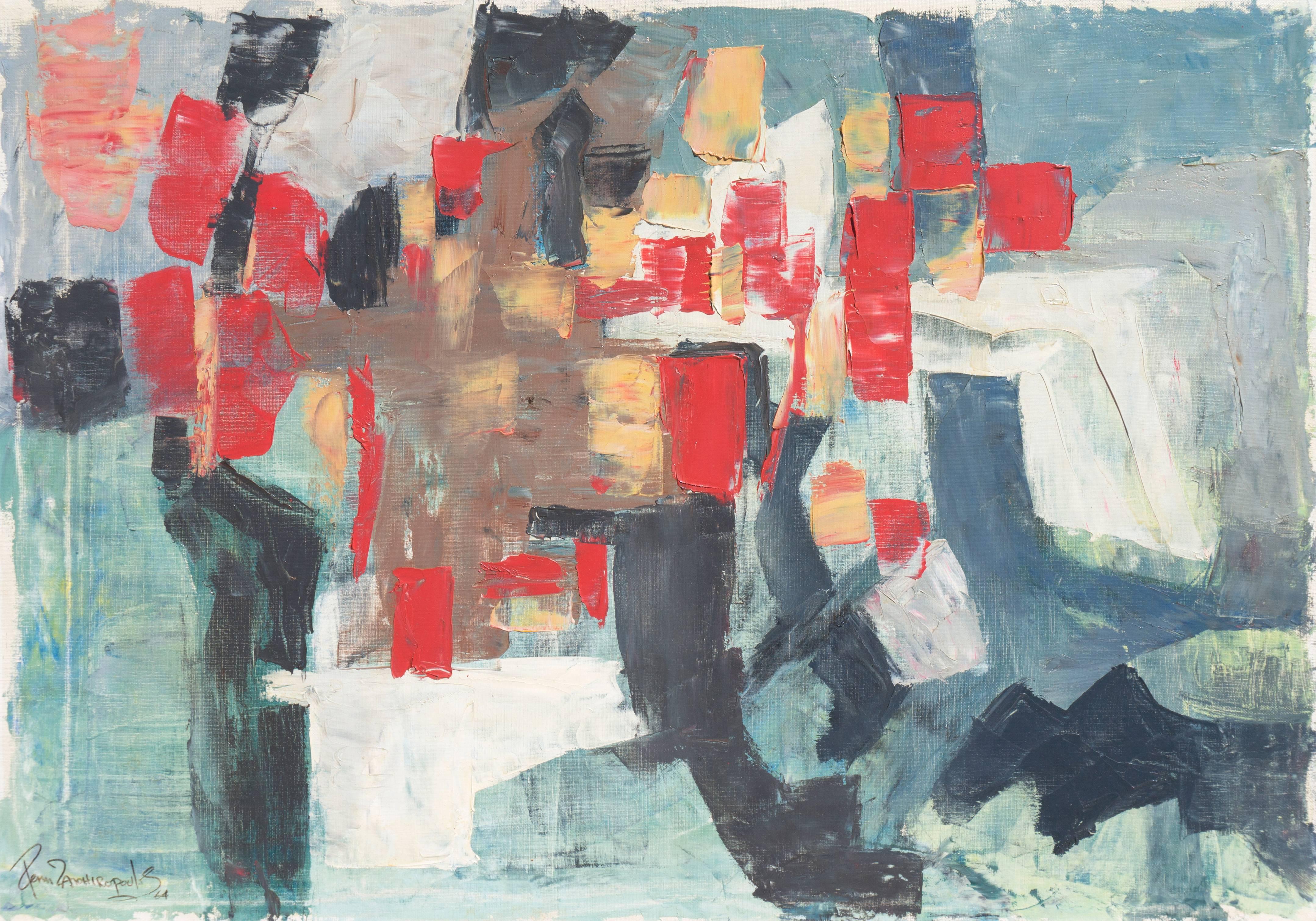 Abstract Painting di Renn Zaphiropoulos - 'Abstract in Scarlet & Gray', astrazione post-pittorica, olio americano di grandi dimensioni