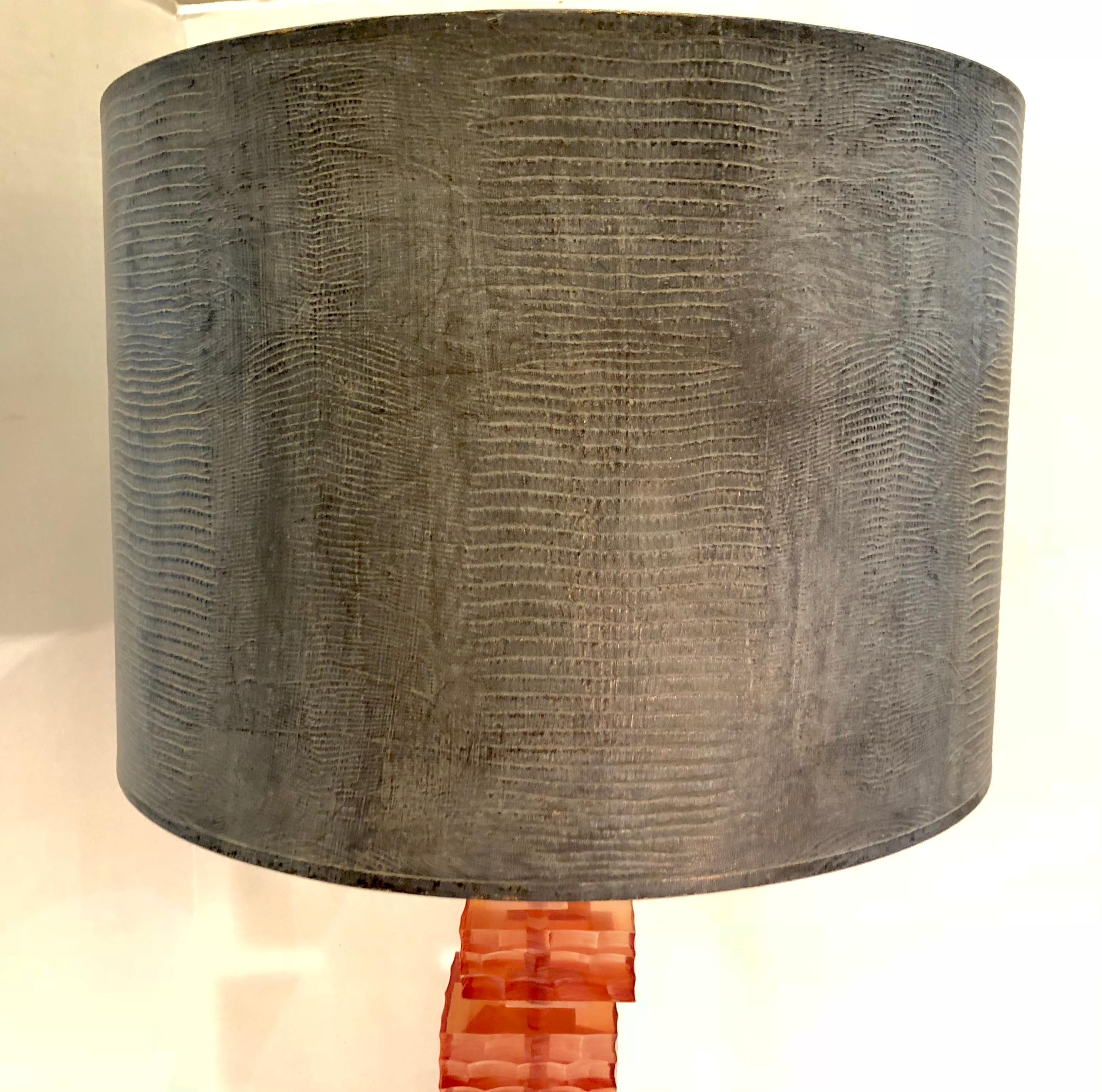 Mid-Century Modern Rennaissance 2000 Stacking Lucite Blocks Table Lamp with Gray Faux Lizard Shade
