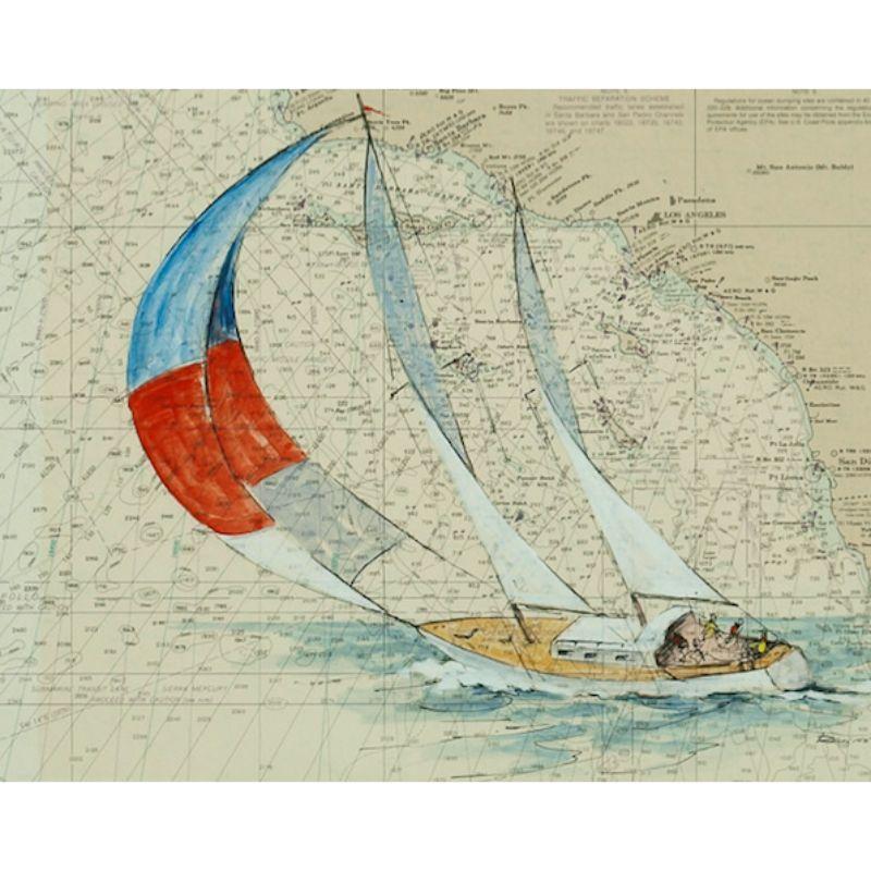 Colorful Catalina Island sailboat (in gouache) by Renner (LR) painted over a chart map of the waters off the coast of So California

Art Sz: 14