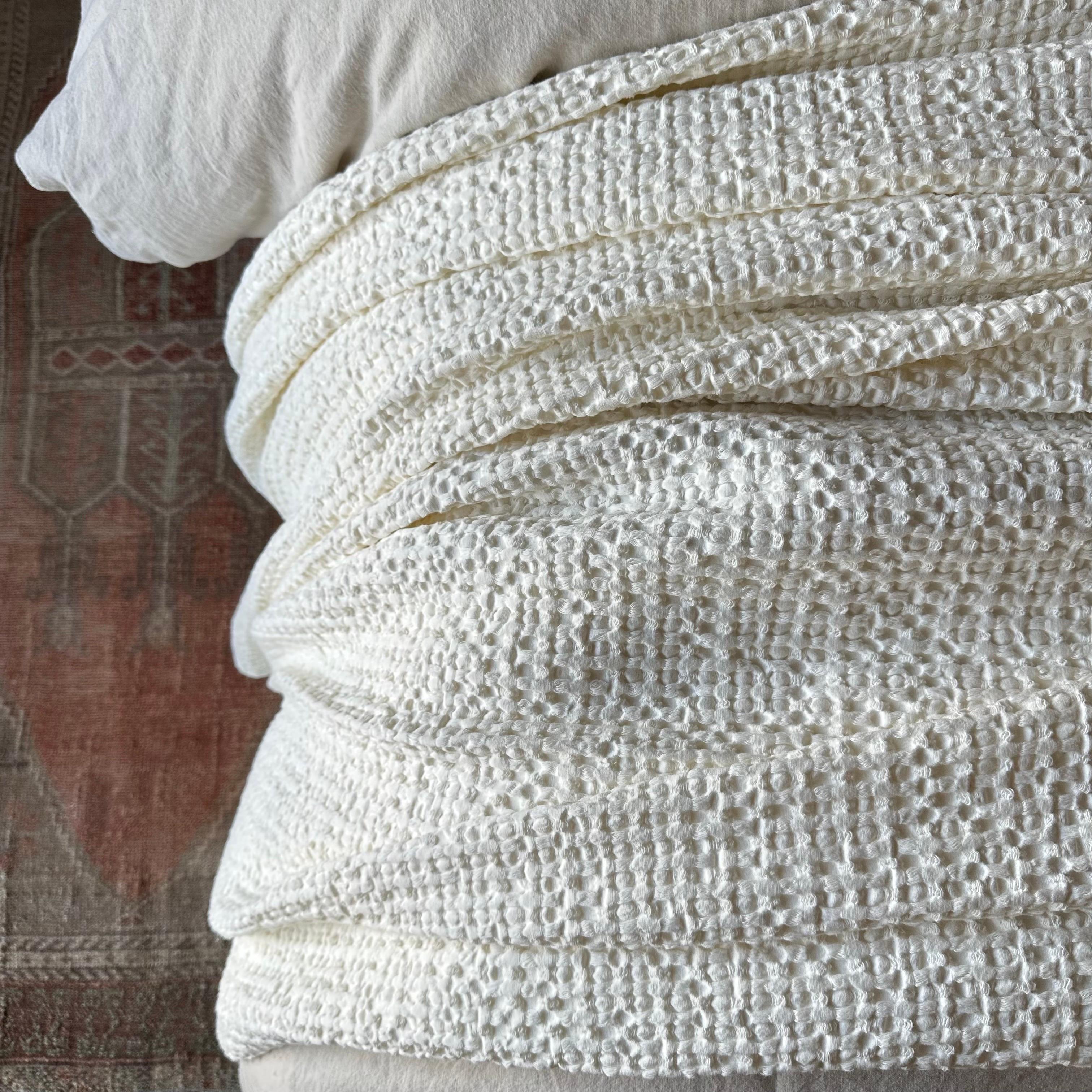 Contemporary Rennes French Waffle Cotton Coverlet Queen or King Blanket in Creme