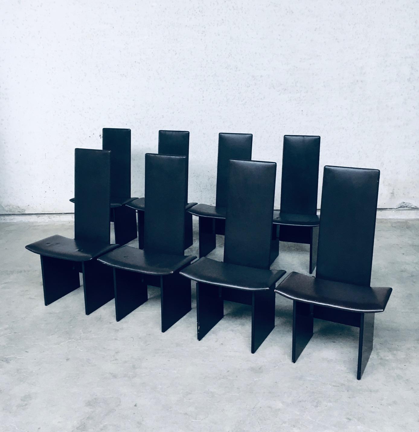 Vintage Postmodern Design 'RENNIE' Dining Chair set of 8 by Kazuhide Takahama for Simon Gavina, made in Italy 1980's. Architectural design dining chairs in dark brown. The seat and back are in dark chocolate brown faux leather and the feet are in