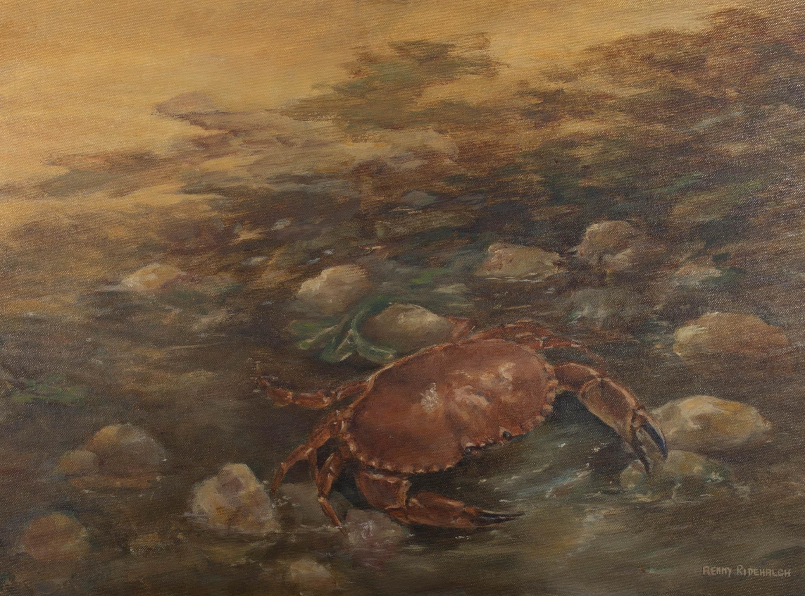 A painting of a characterful crustacean heading down to the sea. Presented in a wooden frame with a gilt-effect outer edge. Signed to the lower-right edge. Artist's label on the verso. On board.

