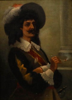 Reno - Huile encadrée du 19e siècle, portrait d'un cavalier fumant la pipe