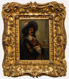 Reno - Huile encadrée du 19e siècle, portrait d'un cavalier fumant la pipe