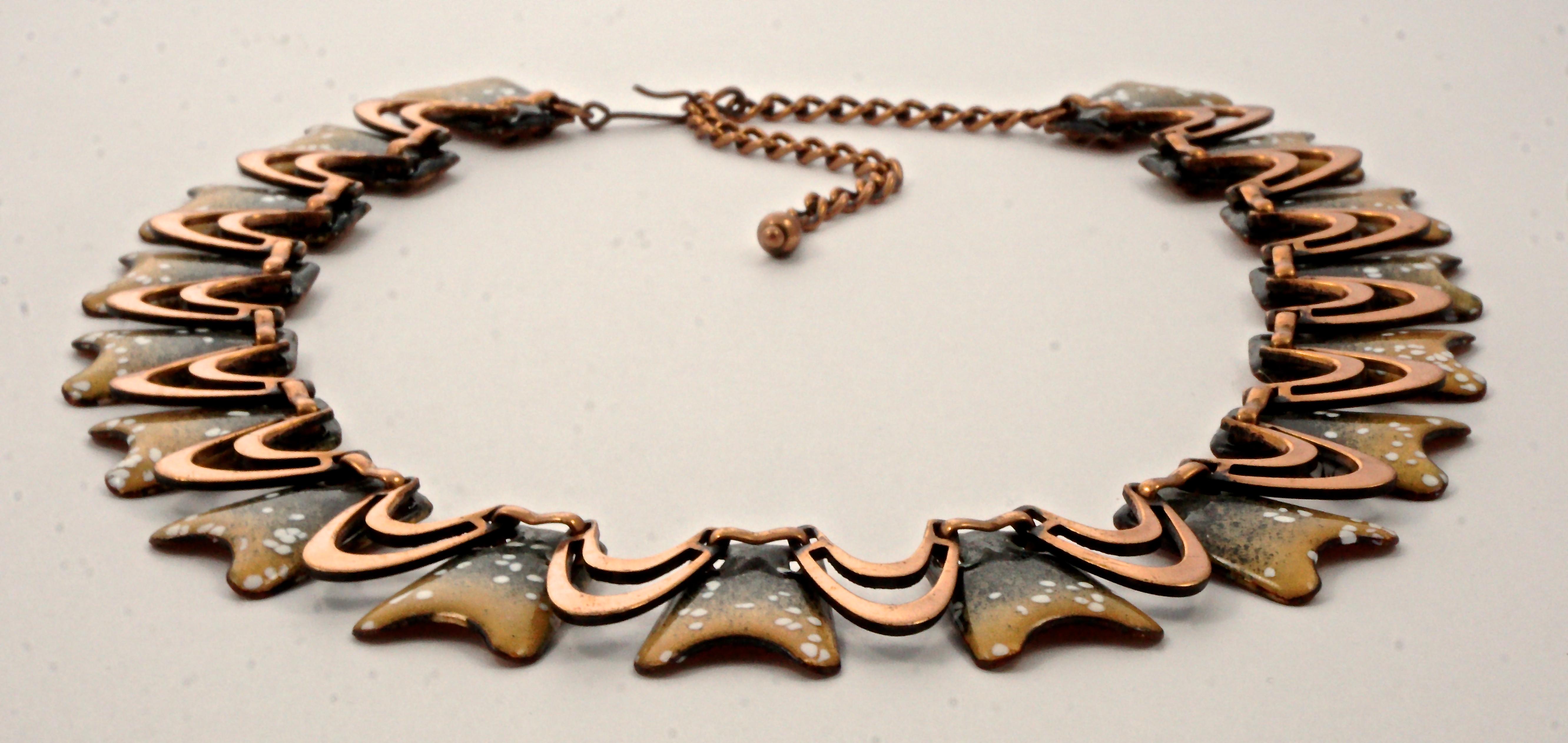 Women's or Men's Renoir Matisse Copper Mid Century Gold Black and White Enamel Drop Link Necklace For Sale