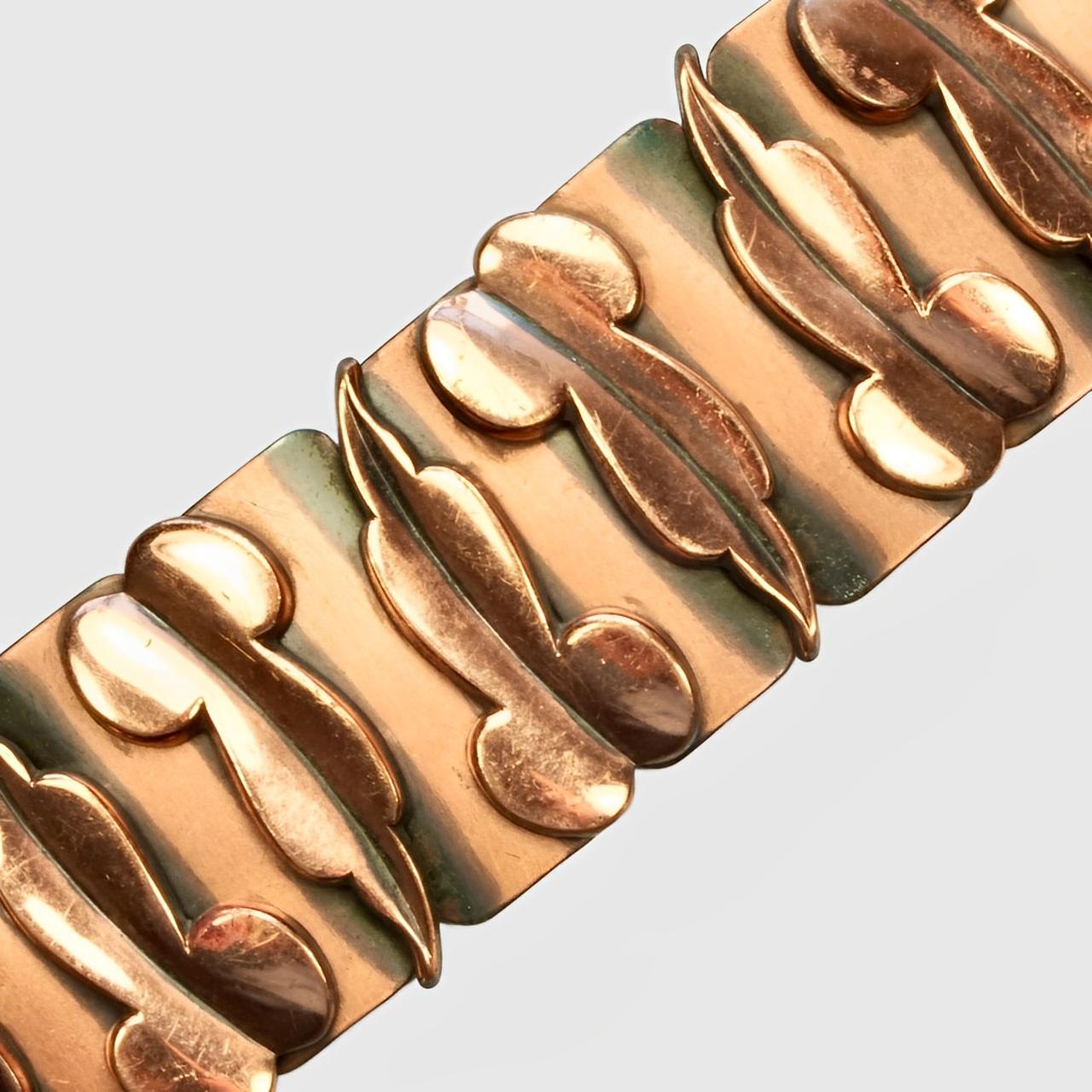 da uomo o donna Renoir Mid Century Copper Wide Link Abstract Polished Leaf Bracelet in vendita