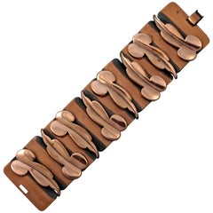 Retro Renoir Mid Century Copper Wide Link Abstract Polished Leaf Bracelet