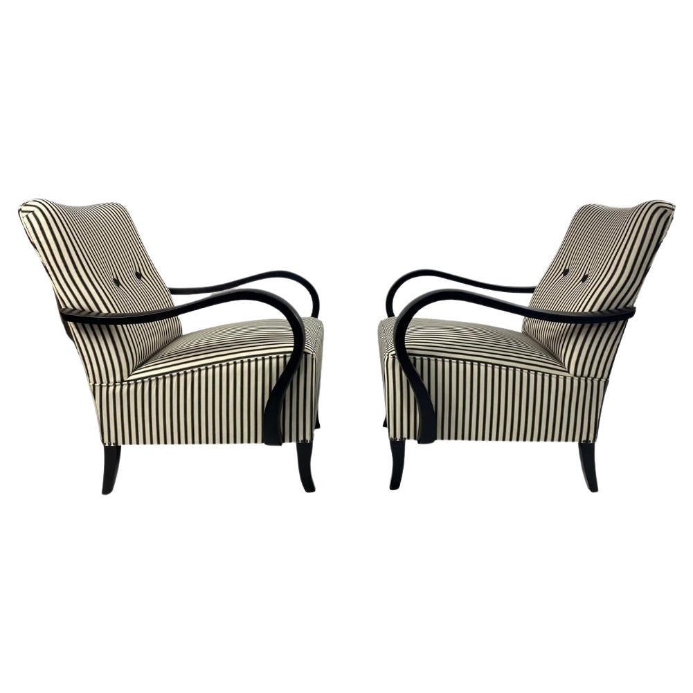 Renovated "Wildly Elegant" Striped Black&White Armchair Pair from 1950