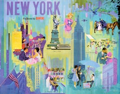 Original Vintage Poster New York Fly There By Qantas Airline Travel Art Renshaw