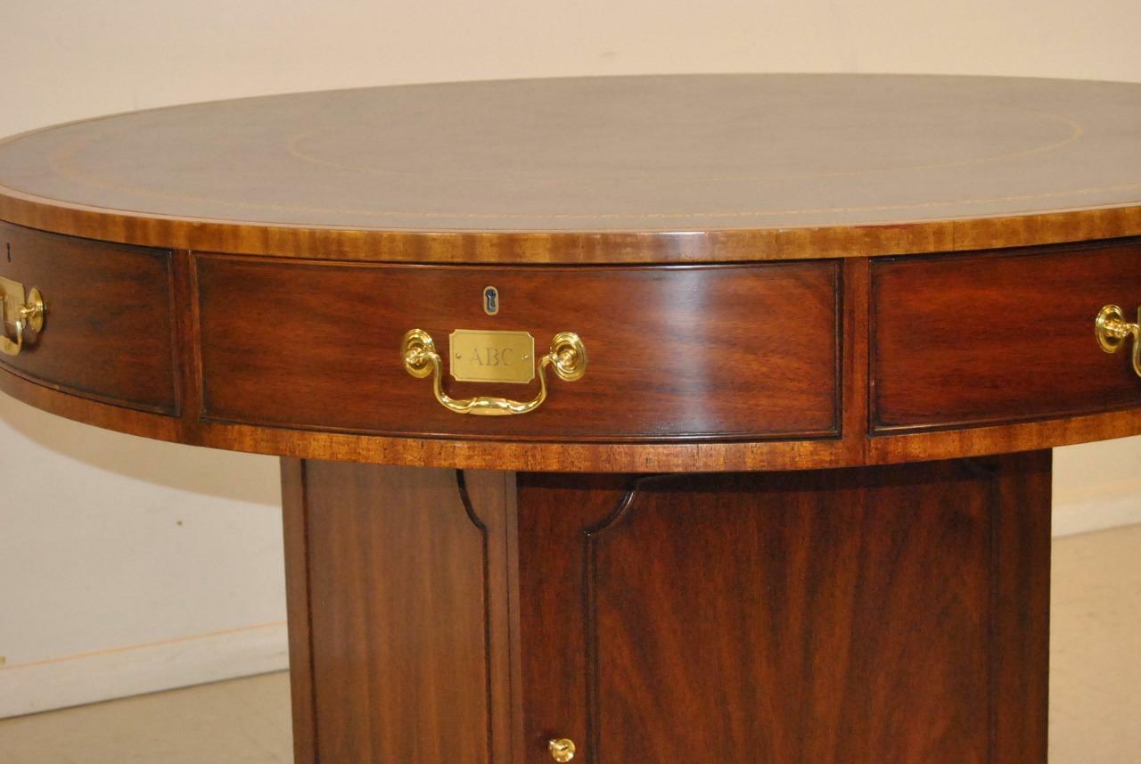 Rent Table, Circular Mahogany Pedestal Henkel Moore Leather Top Eight Drawers In Good Condition In Toledo, OH