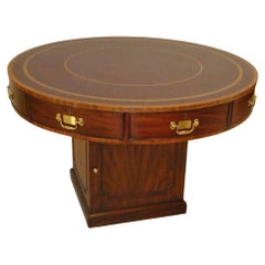 Rent Table, Circular Mahogany Pedestal Henkel Moore Leather Top Eight Drawers