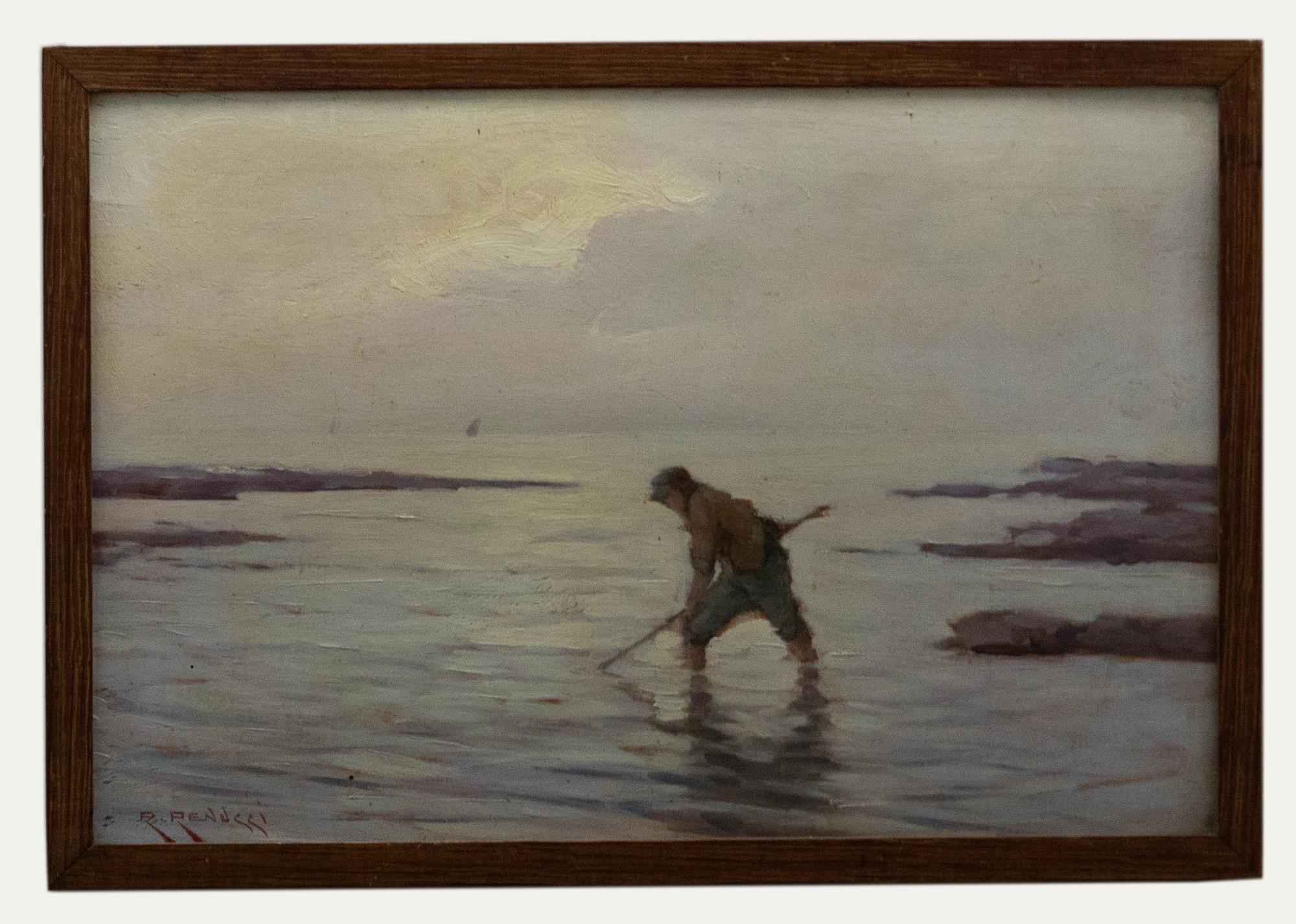 A charming Italian school oil study depicting a fisherman in shallow water. On the horizon the sun begins to set casting warm reflections across the calm sea. Signed to the lower right. Presented in a wooden frame. On board.