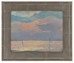 Peinture à l'huile sur carton intitulée "Moon Over Bay" par Renwick Taylor, vers 1920