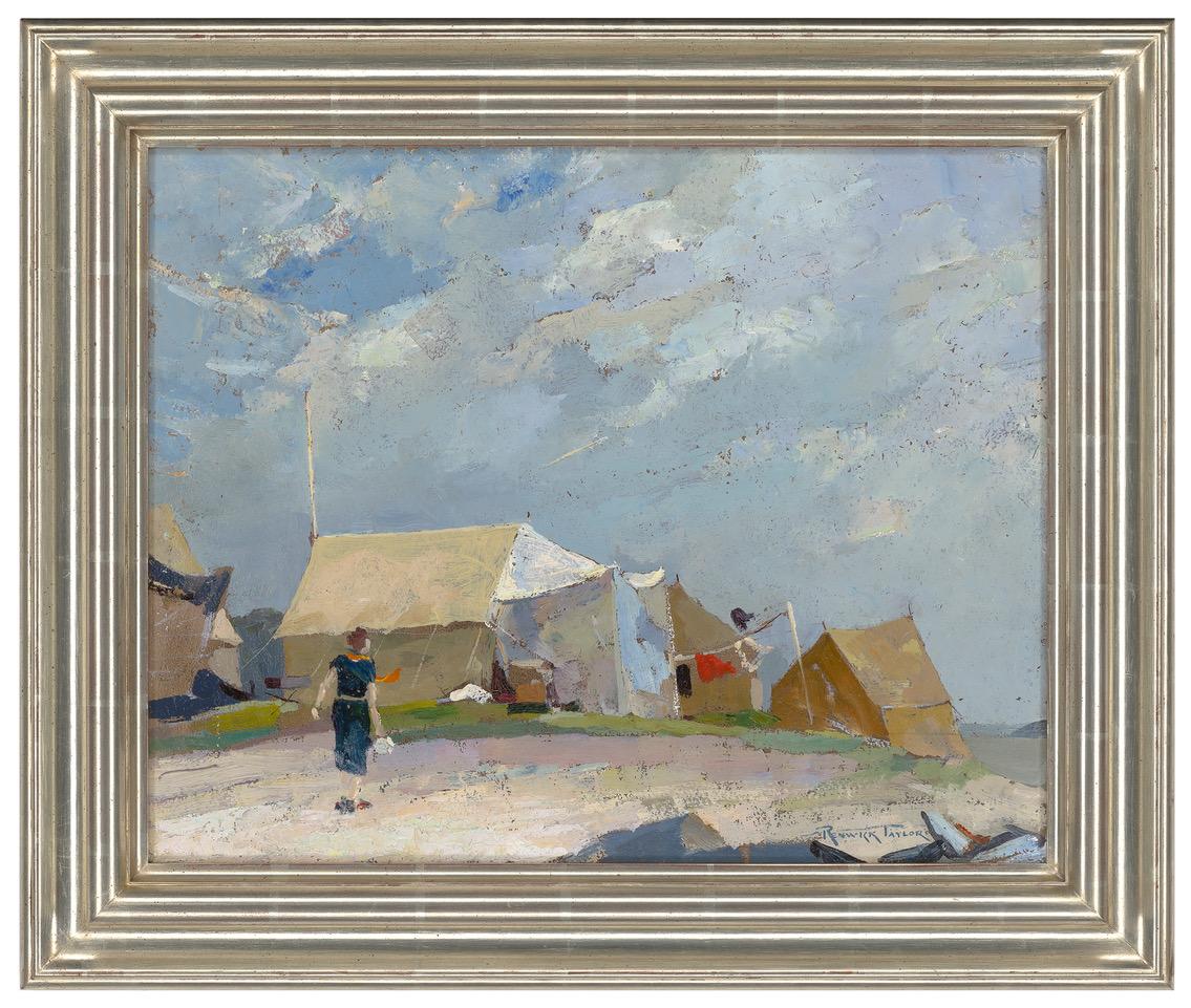 Landscape Painting di Renwick Taylor - Pittura a olio su tavola intitolata "Città delle tende", 1920 circa