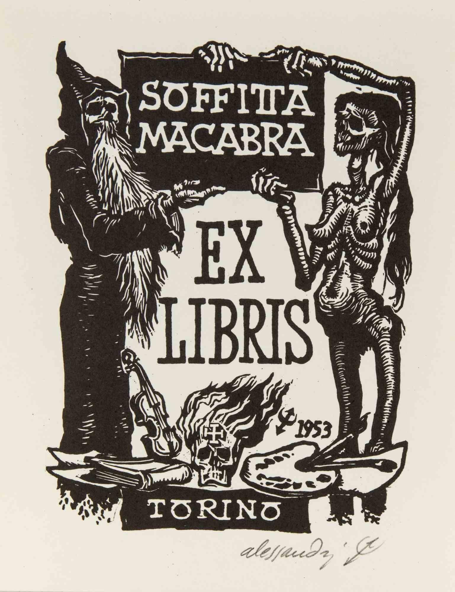 Ex libris réalisé par Renzo Alessandri en 1959.

Gravure sur bois sur papier.

Signe de la main.

Excellent état.