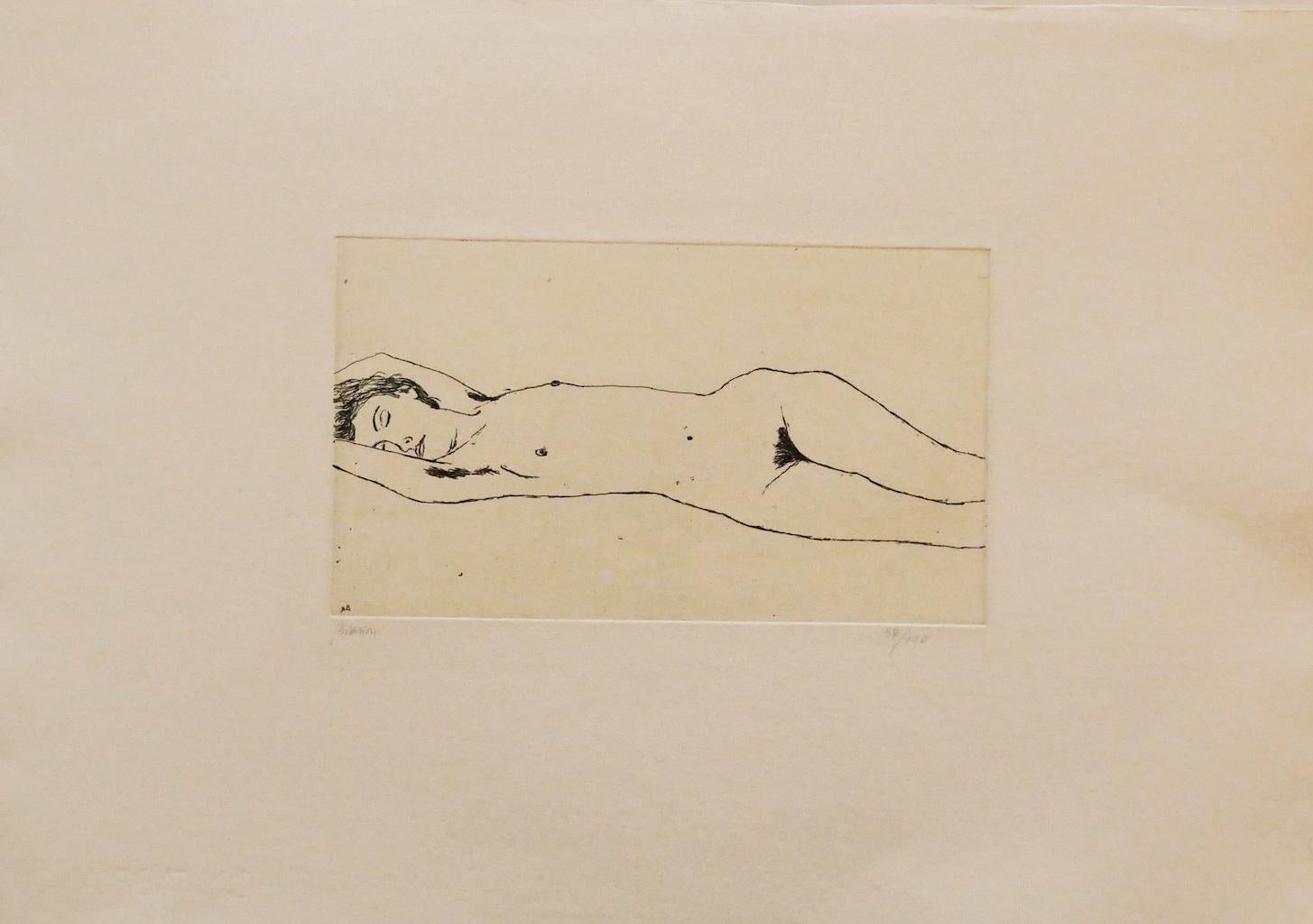 Nude is an original etching on paper realized in 1972 by Renzo Biasion.

Hand-signed on the lower left in pencil. Numbered, edition of 58/100 prints.

In very good conditions.

The artwork represents a lying down nude through confident and strong
