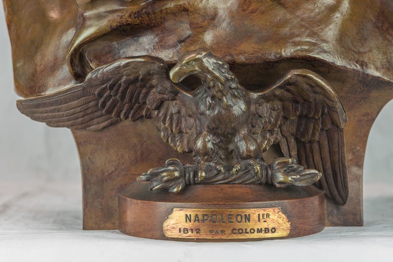 RENZO COLOMBO 
Italian, (1856-1885)

Bust of Napoleon Bonaparte

Patinated bronze; Signed R. Colombo 1885 on Right Side   
22 x 15 inches 

Notes:
The bust depicts Napoleon having a firm expression or a determined commander, wearing his bicorne hat,