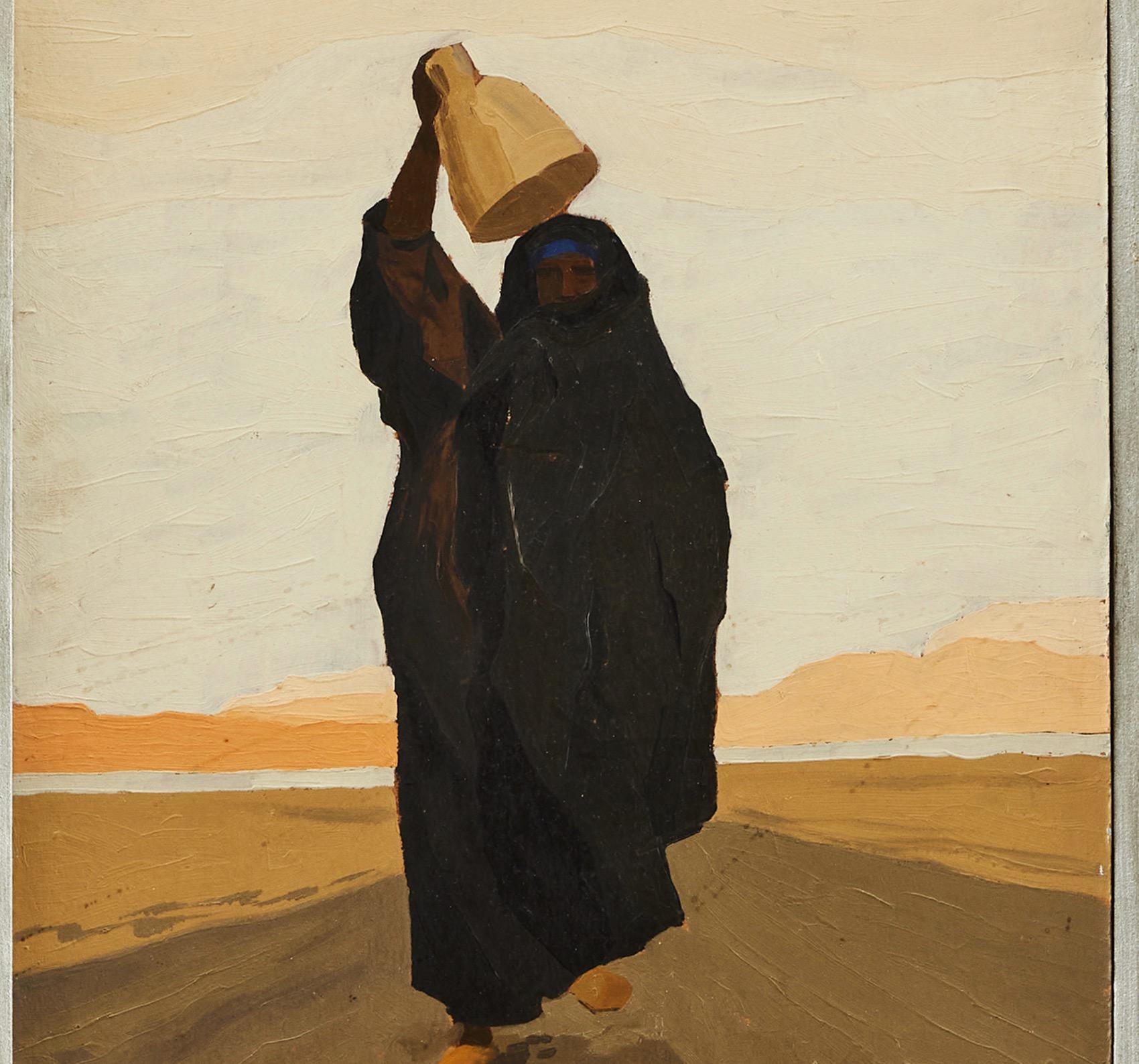 Bedouin Woman Carrying Water in a Dessert Mountain Landscape - Painting by Renzo Daforno