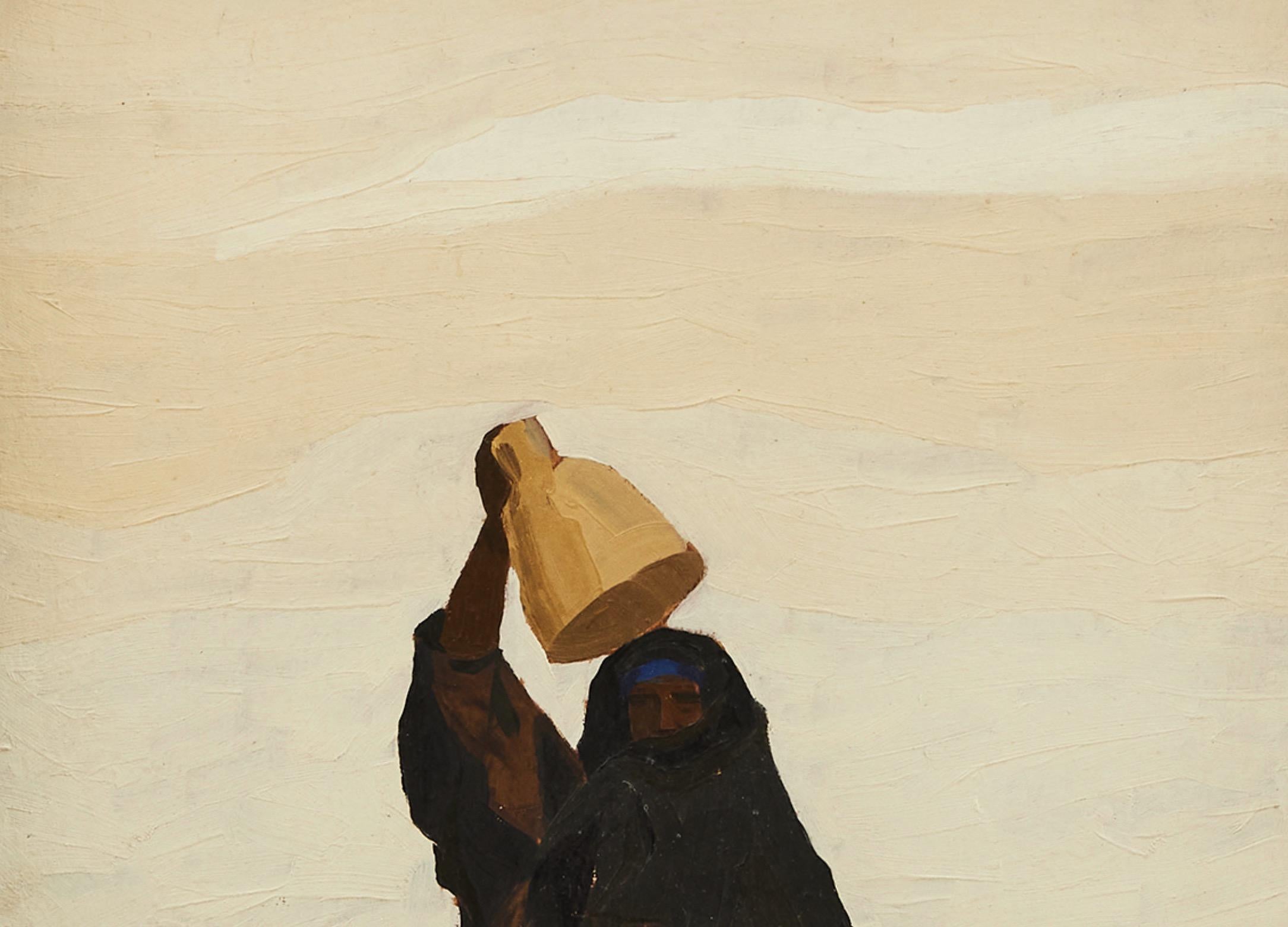 Bedouin Woman Carrying Water in a Dessert Mountain Landscape - Brown Figurative Painting by Renzo Daforno