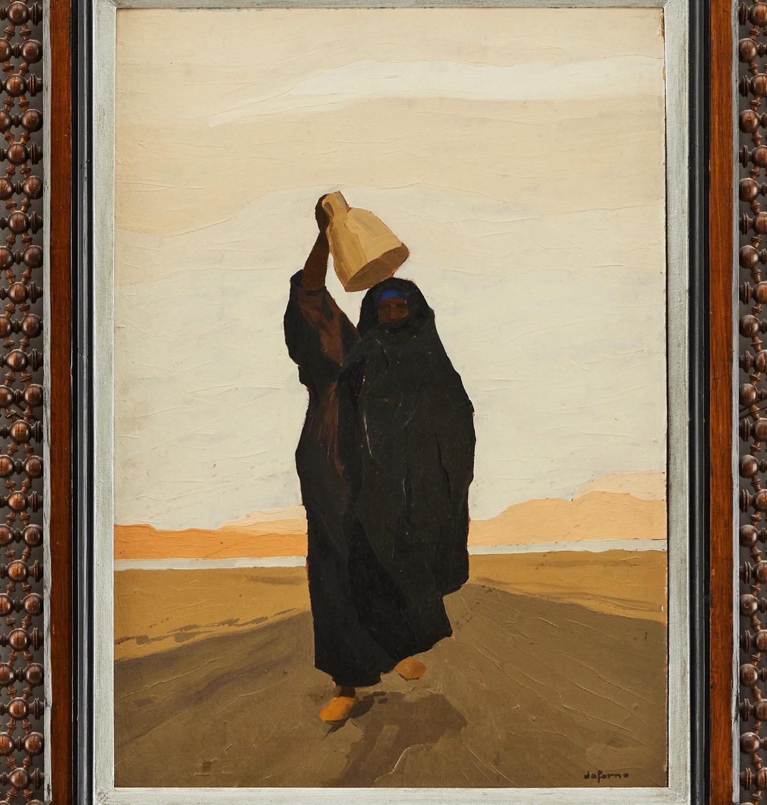 The painting in question depicts a Bedouin woman walking along a desert road with mountains in the background. She carries a water jug on her head. Signed Daforno (Renzo Daforno), lower right, oil on panel, housed in a richly decorated original