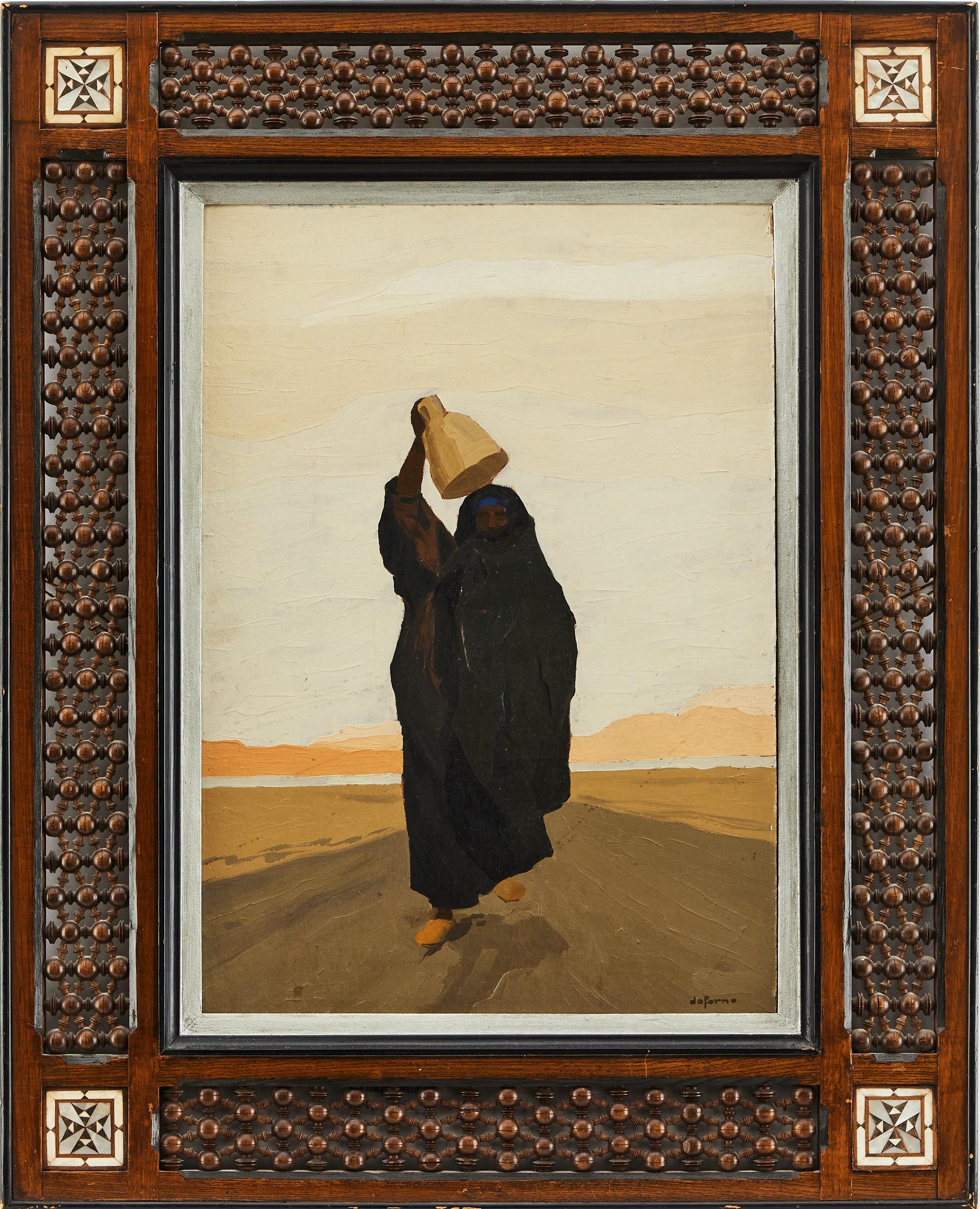 Renzo Daforno Figurative Painting - Bedouin Woman Carrying Water in a Dessert Mountain Landscape