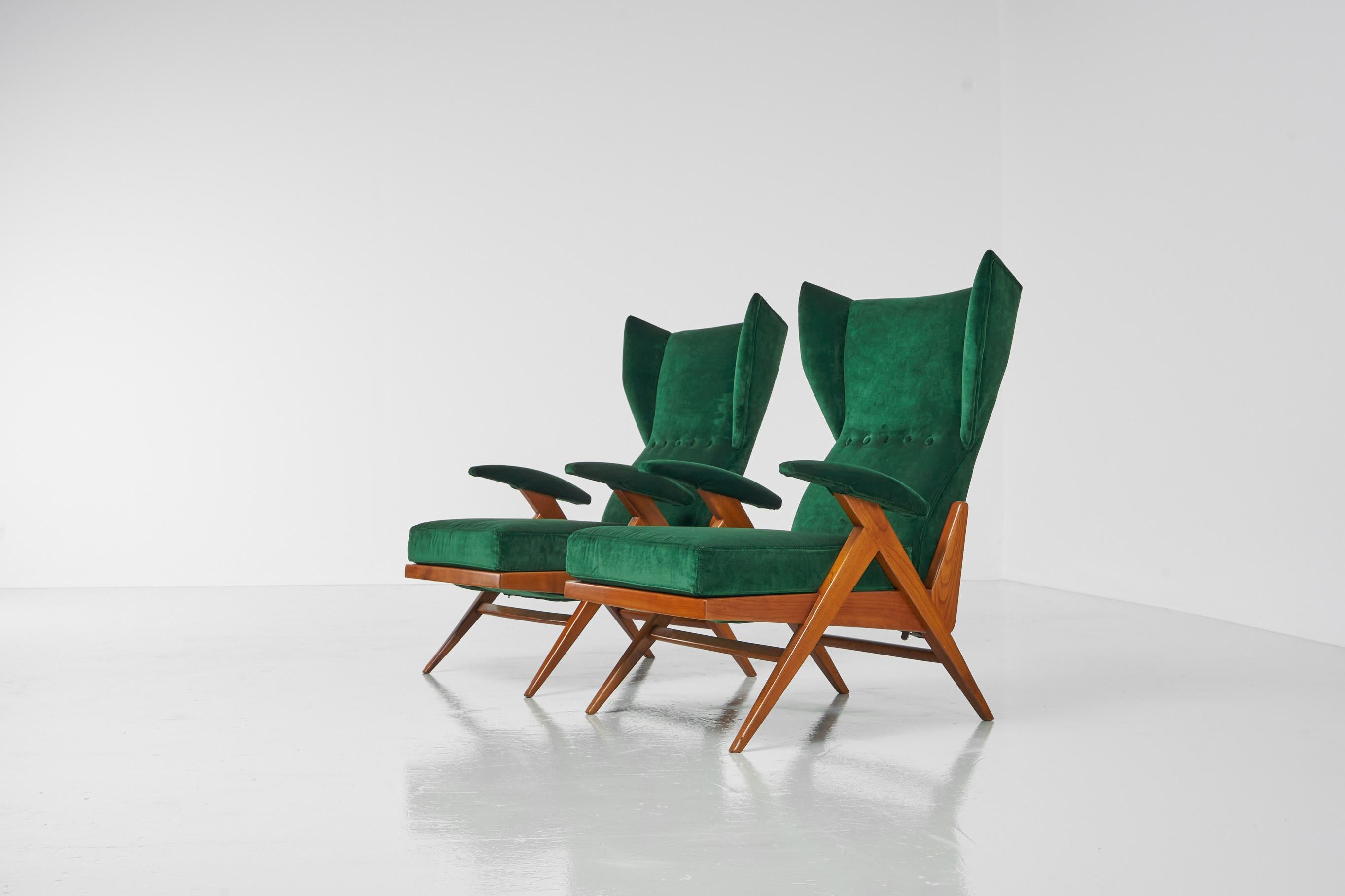 Velvet Renzo Franchi Adjustable Lounge Chairs Camea, Italy, 1955