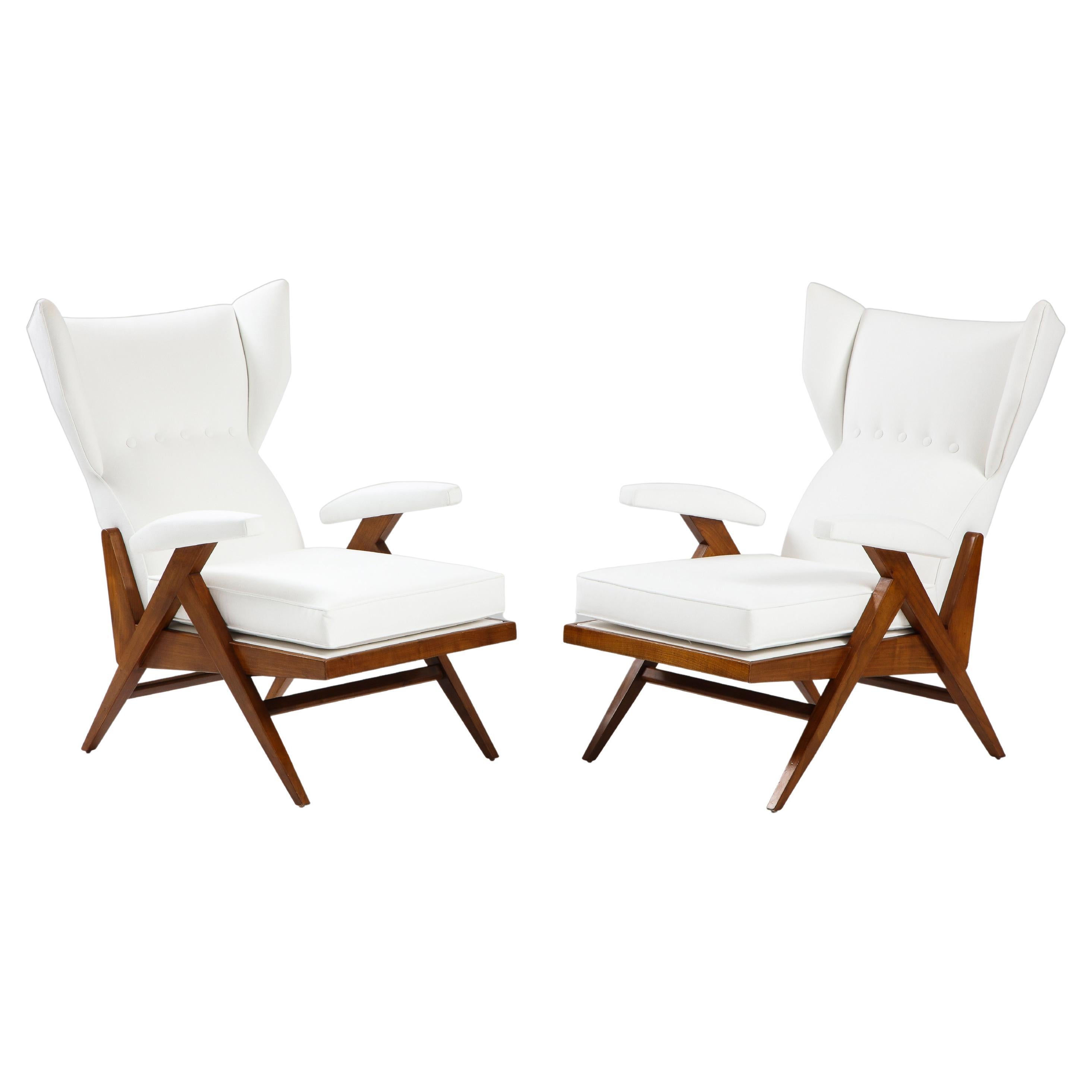 Renzo Franchi for Camerani Camea Pair of Cherry Lounge Chairs in White Sensuede