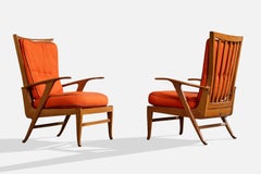 Renzo Franchi, Lounge Chairs, Wood, Fabric, Italy, 1950s