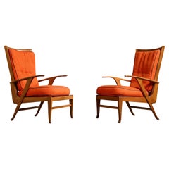 Renzo Franchi, Lounge Chairs, Wood, Fabric, Italy, 1950s