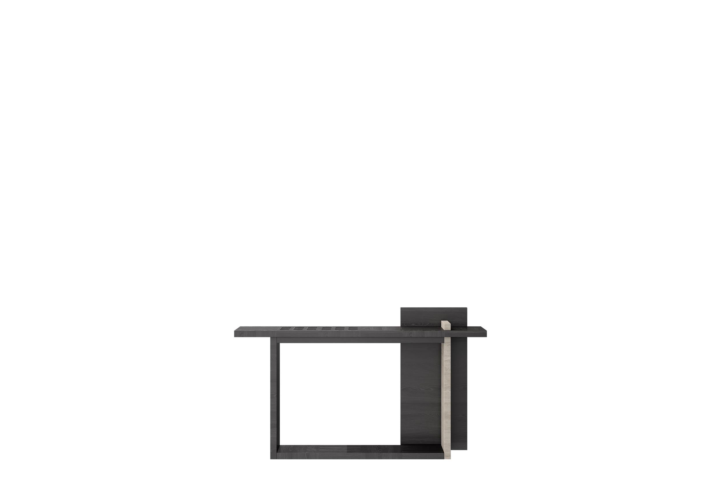 Renzo Geometrical Console in Black Oak and Travertine by Ultramobili
Dimensions:  W 156 x D 40 x H 92 cm
Materials: Black Oak, Travertine. 

40 mm structure in black oak and travertine. Linear geometry, decorative through holes, and cross laying of